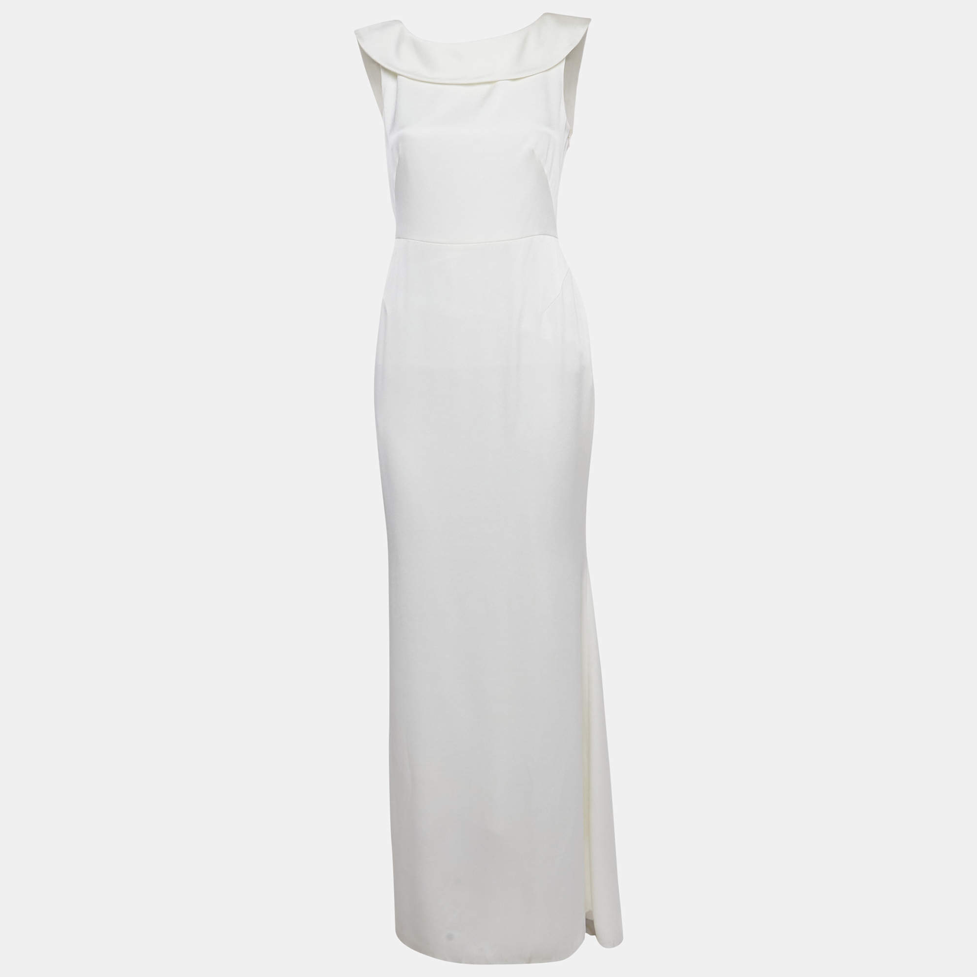 Pre Owned Paule Ka White Crepe Frill Neck Detail Maxi Dress M