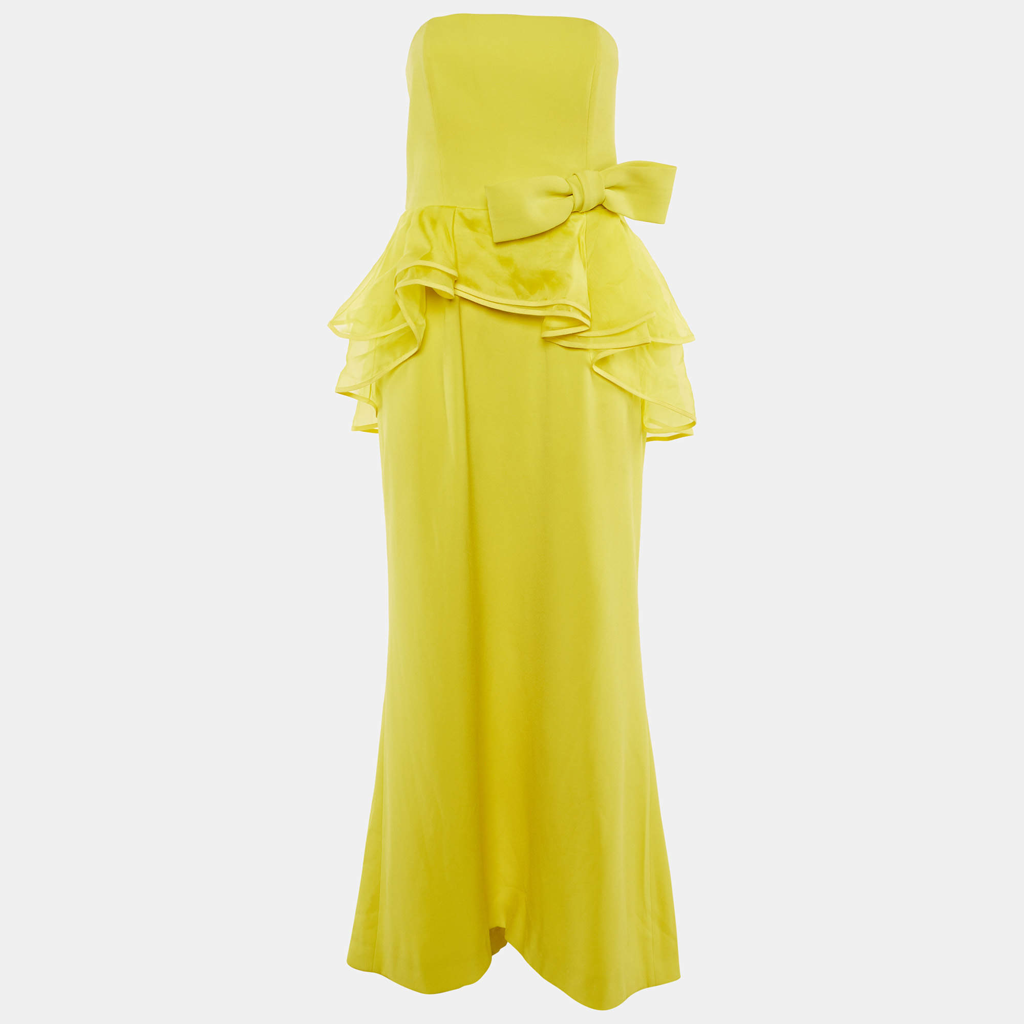 Pre Owned Paule Ka Yellow Crepe Bow & Asymmetric Frill Detail Strapless Maxi Dress L