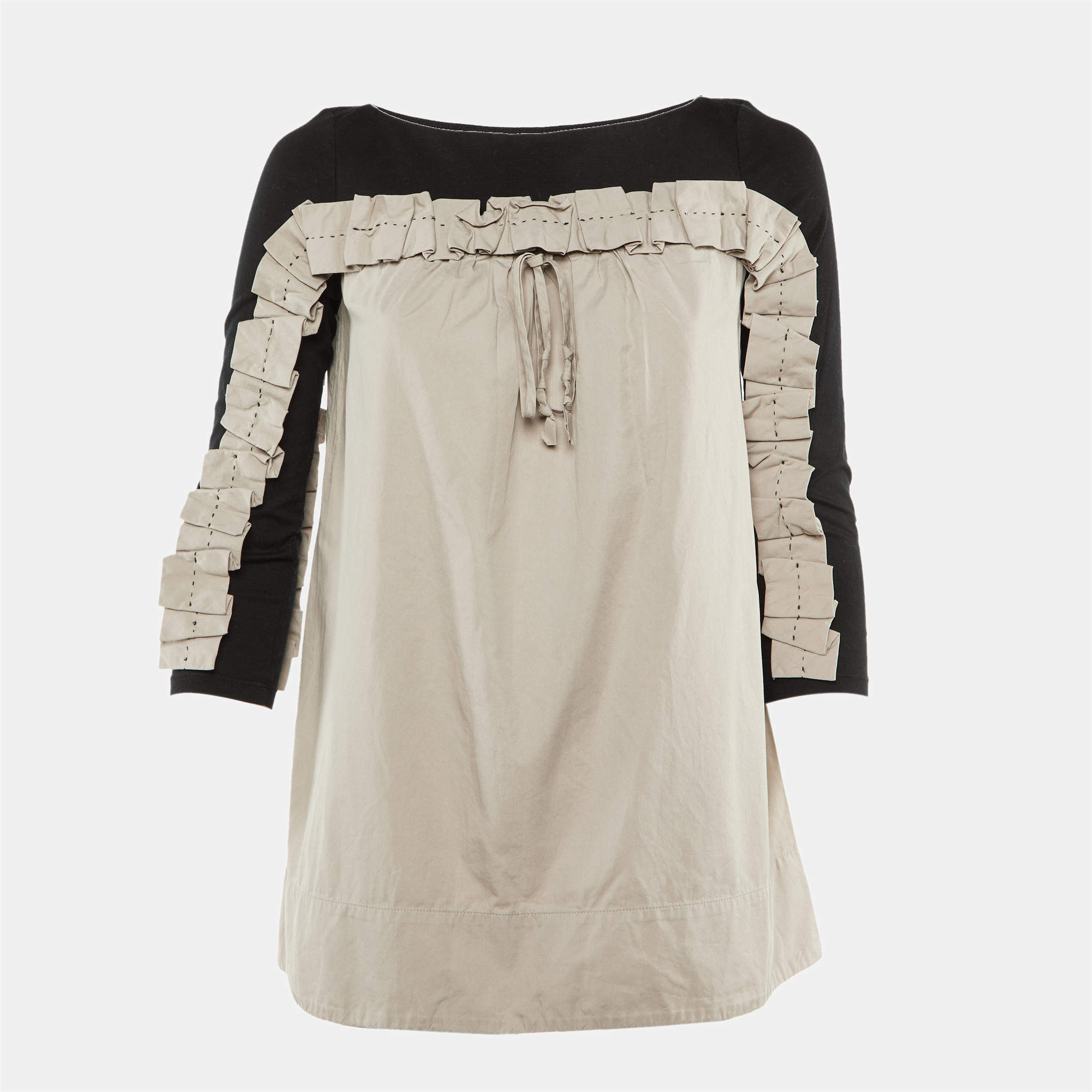 Pre Owned Paule Ka Black /Beige Cotton Ruched Detail Top S