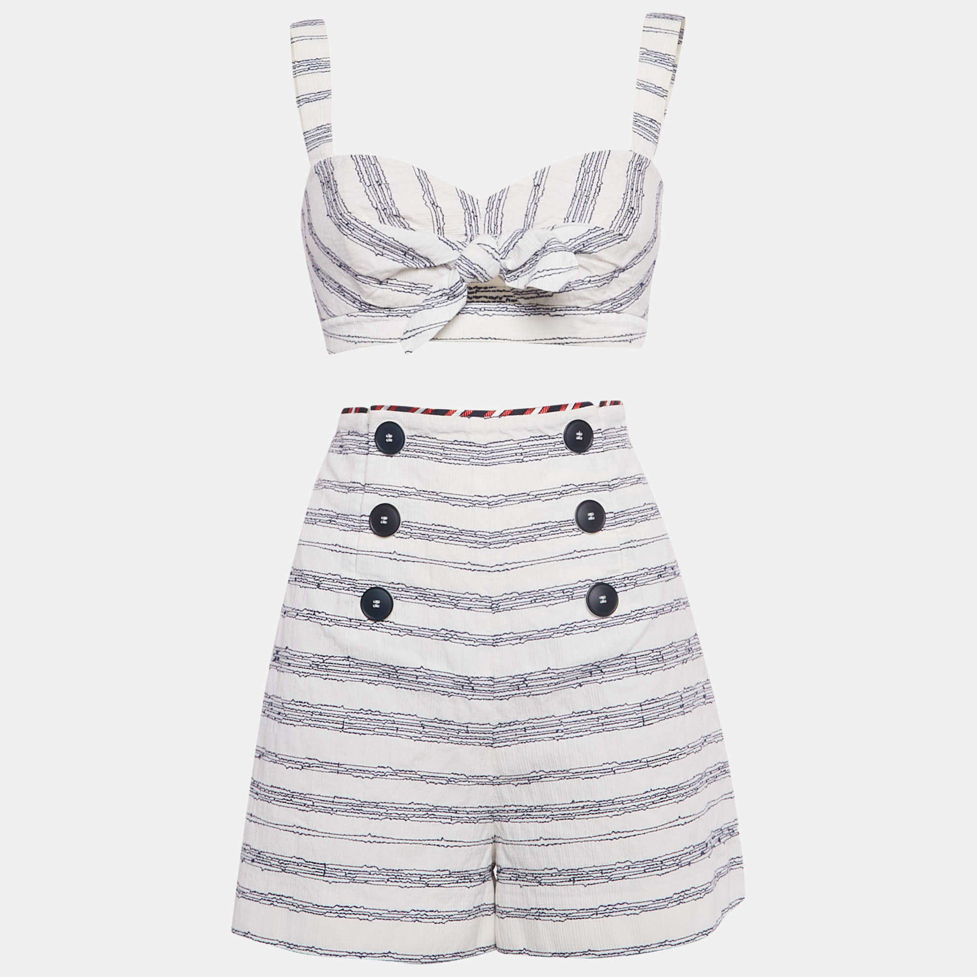 مملوكة مسبقًا Paule Ka White/Blue Embroidered Stripe Cotton Top & Shorts Set L/M