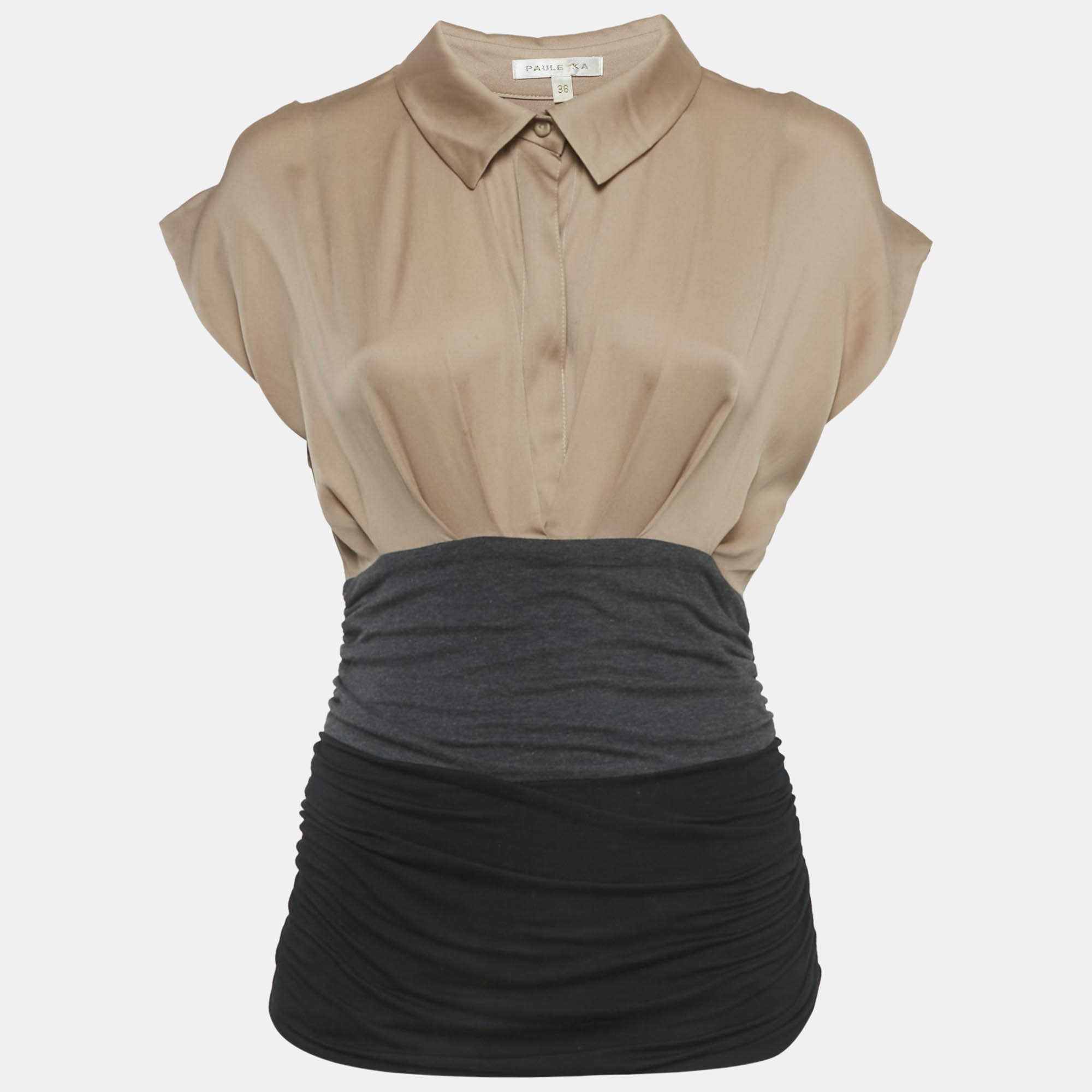 مملوكة مسبقًا Paule Ka Beige/Black Satin and Jersey Ruche Top S