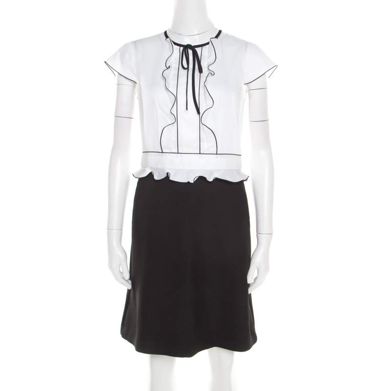 Paule Ka  Monochrome Colorblock Cotton Ruffle Trim Cap Sleeve Dress M