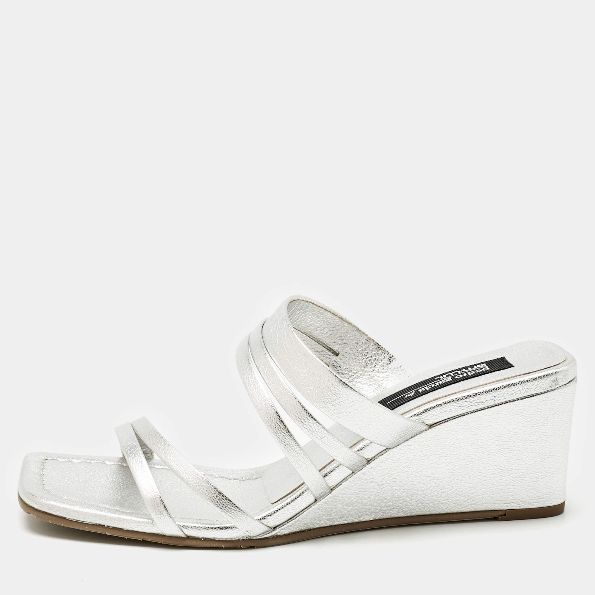 Pre Owned Pedro Garcia Silver Leather Barbaria Wedge Sandals Size 38