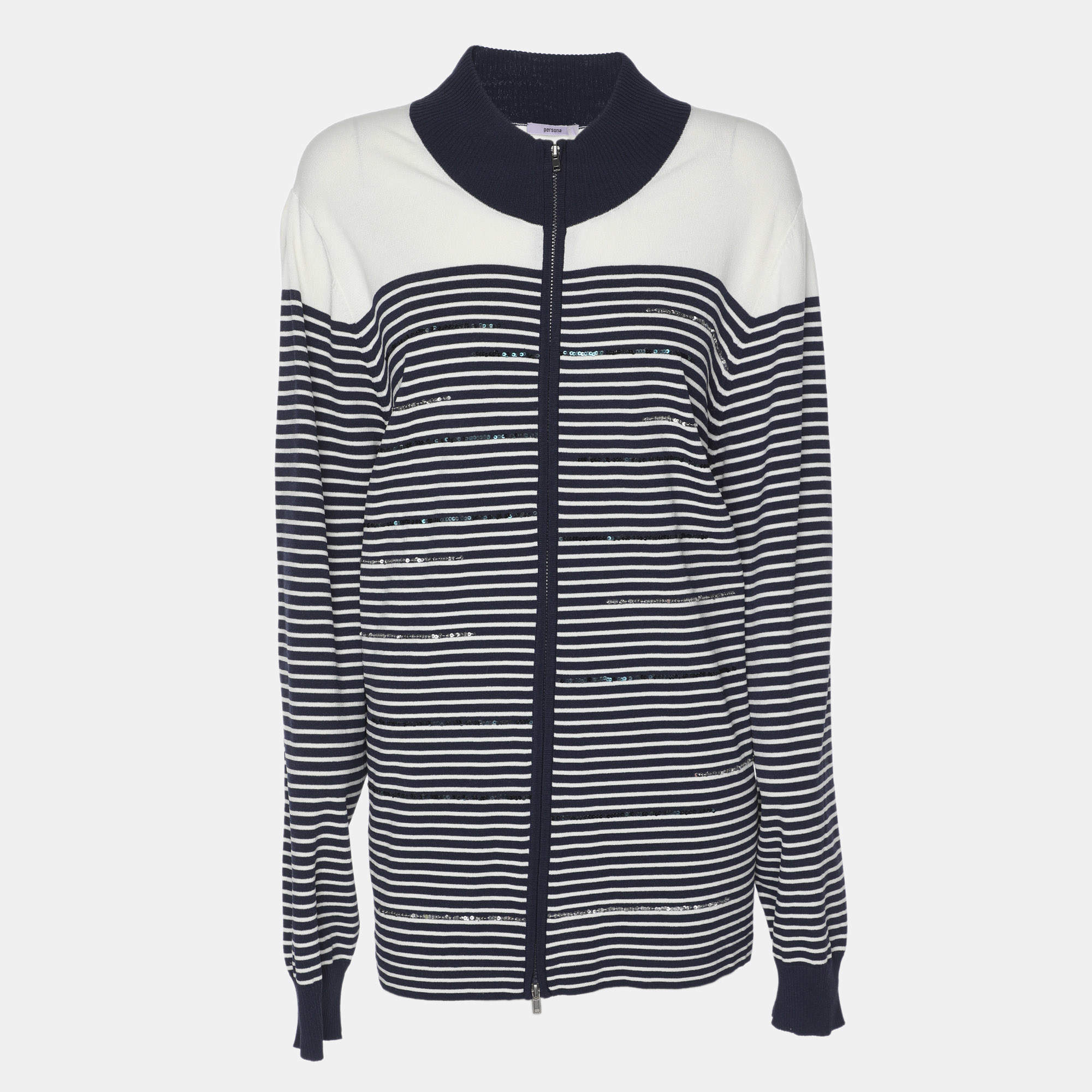 Pre Owned Persona Blue/White Stripe Stretch Knit Cardigan XL