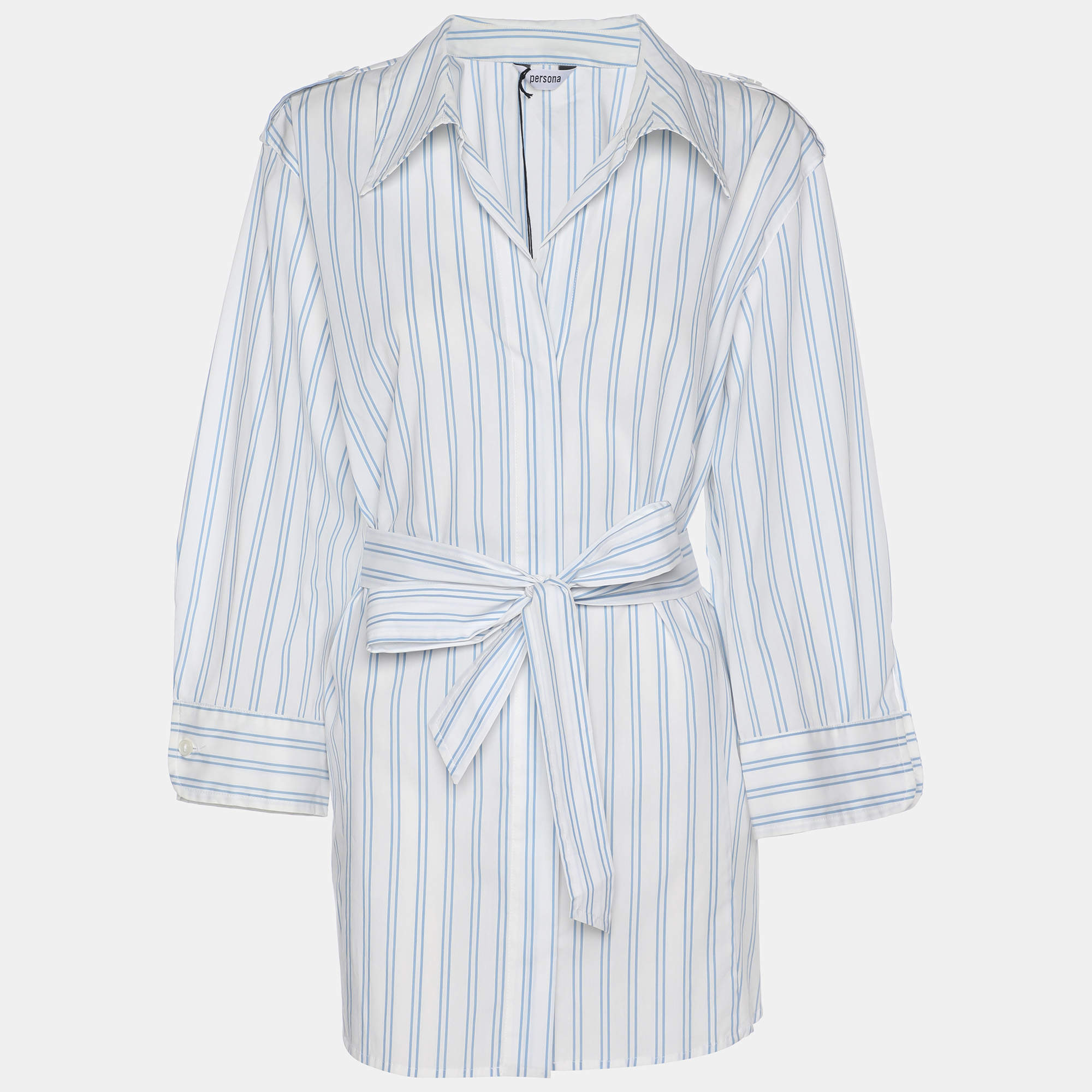 Pre Owned Persona White/Blue Stripe Cotton Belted Shirt Top XL