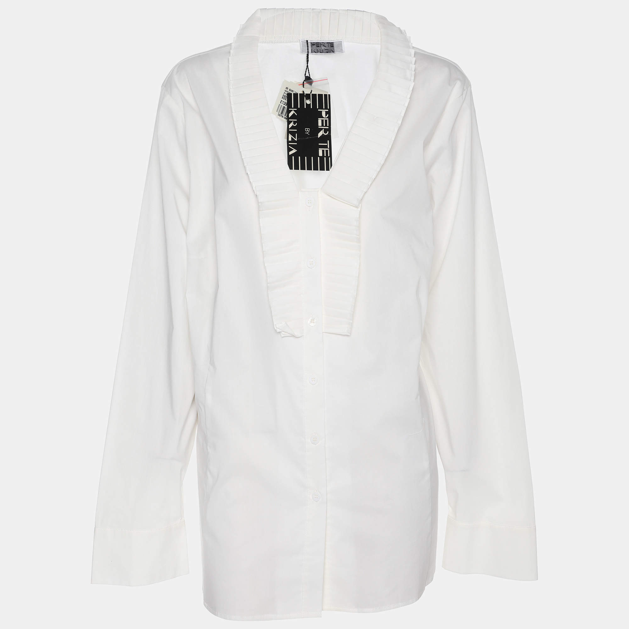 Pre Owned قميص ببرتي من كريتسيا أبيض بخليط قطن بكشكش من الأمام وبأكمام طويلة مقاس كبير - لارج