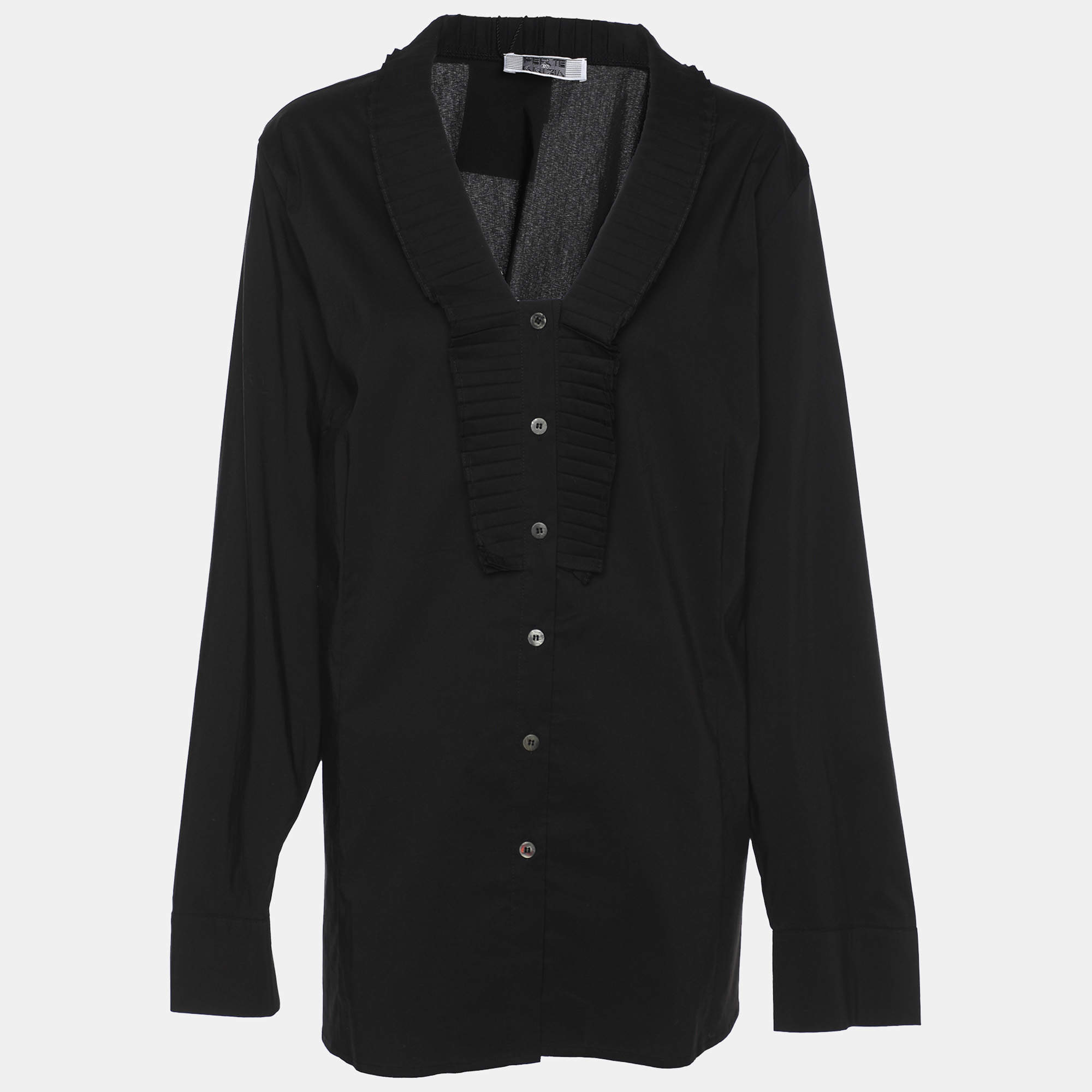 مملوكة مسبقًا قميص ببيرتي من كريتسيا أسود بخليط قطن بكشكش من الأمام وبأكمام طويلة مقاس كبير - لارج