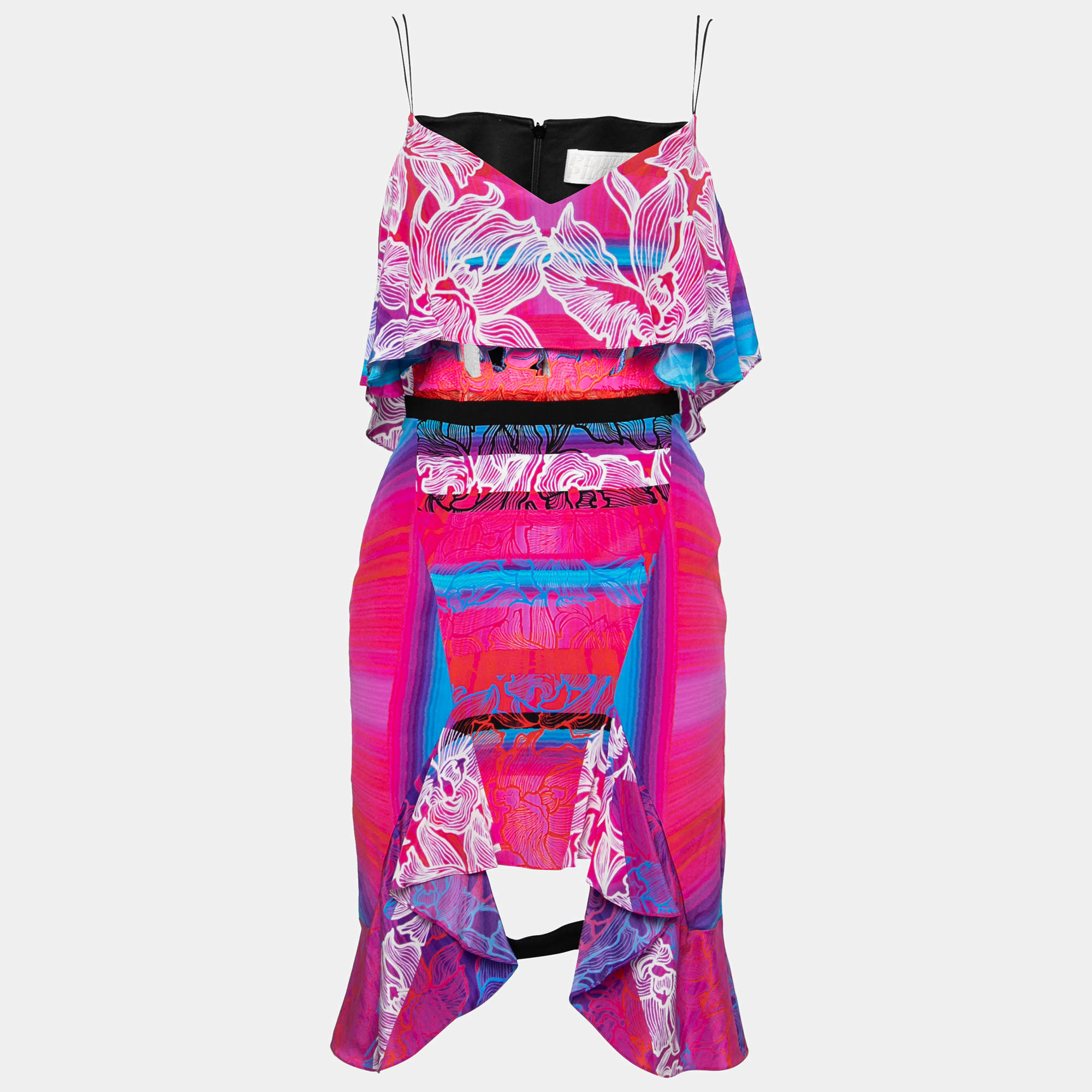 Peter Pilotto Multicolor Orchid Print Cutout Embroidered Silk Cascade Dress S