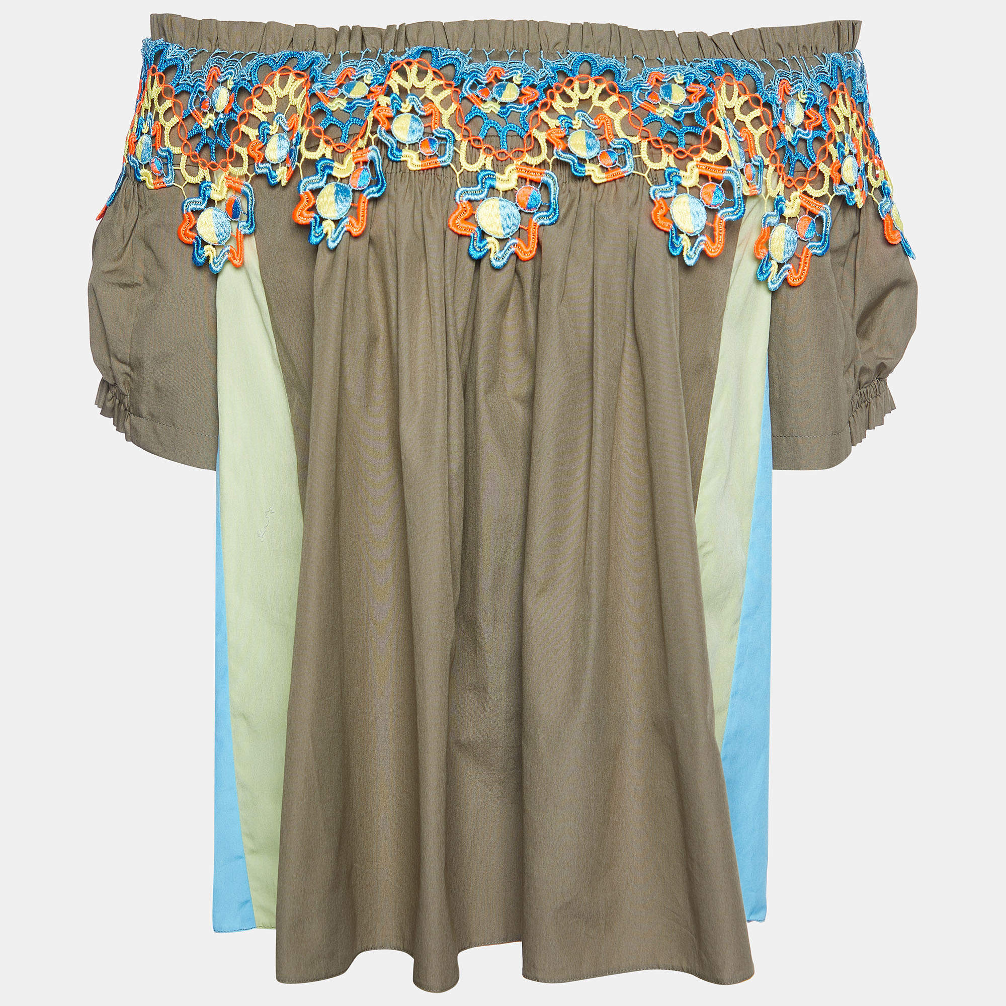 Pre Owned Peter Pilotto Green Cotton Cut work Detail Off Shoulder Top M