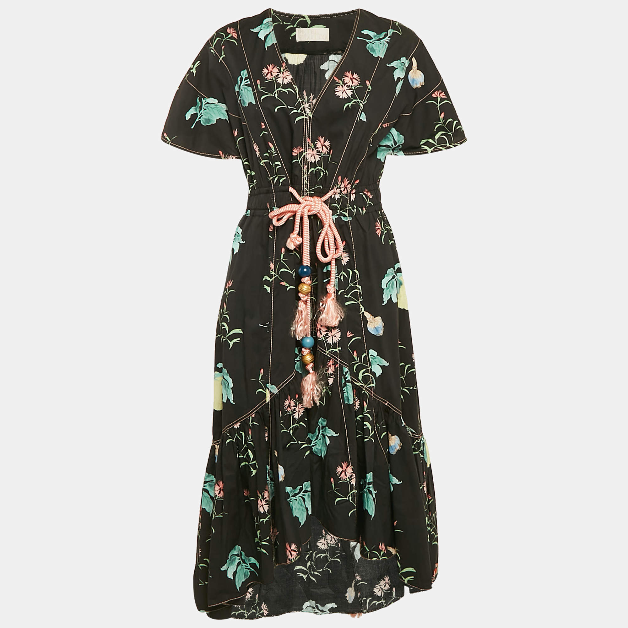 Peter Pilotto Navy Blue Floral Print Asymmetric Flounce Midi Dress M