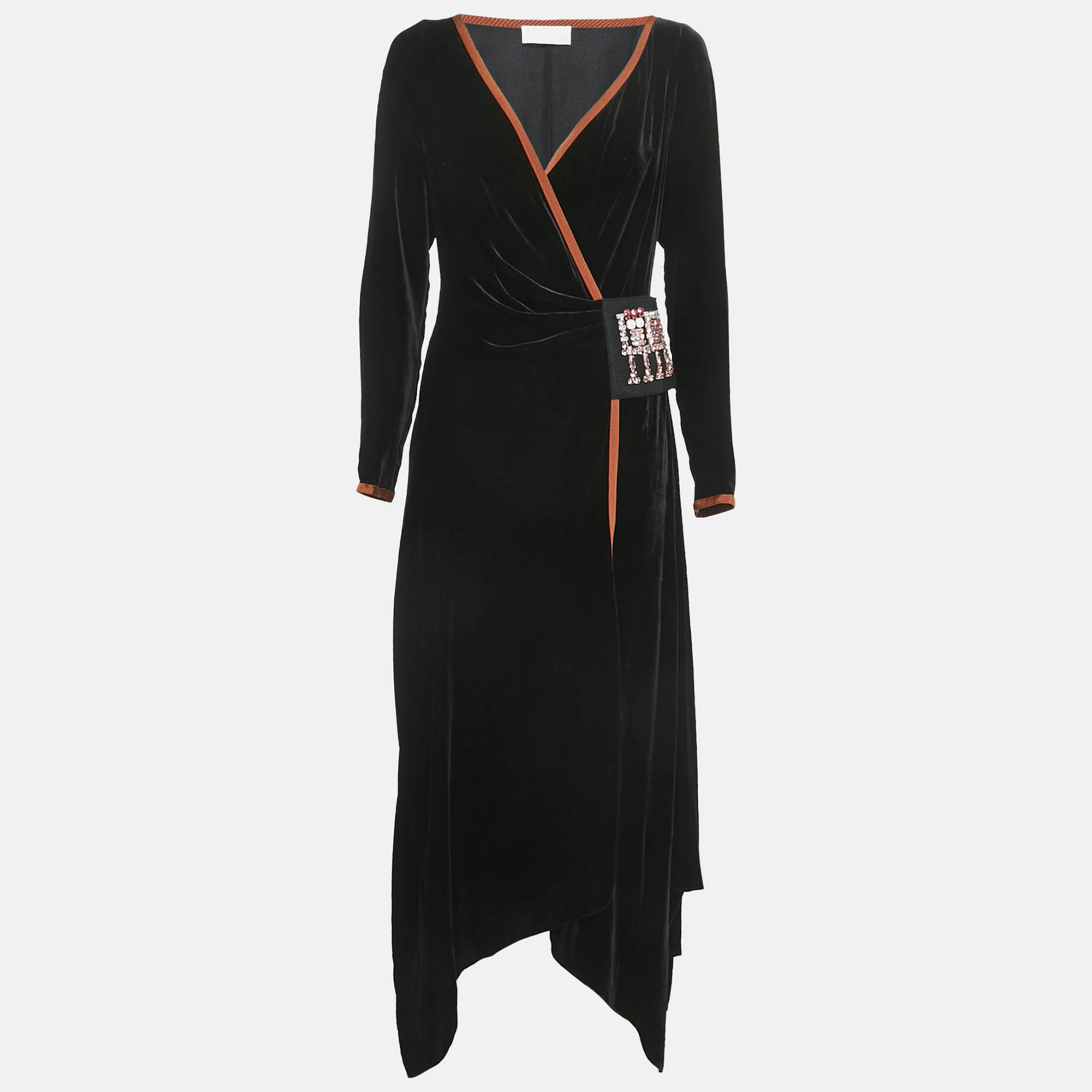 Peter Pilotto Black Velvet Stud Detail Asymmetric Wrap Dress M