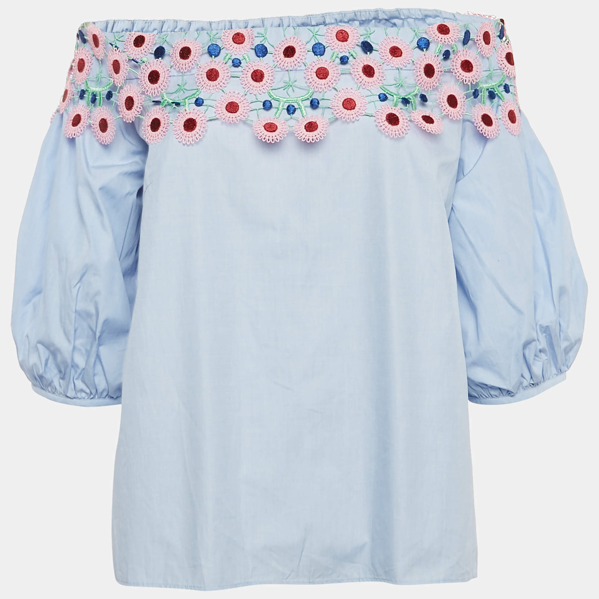 Pre Owned Peter Pilotto Blue Cotton Lace Overlay Off-Shoulder Top L