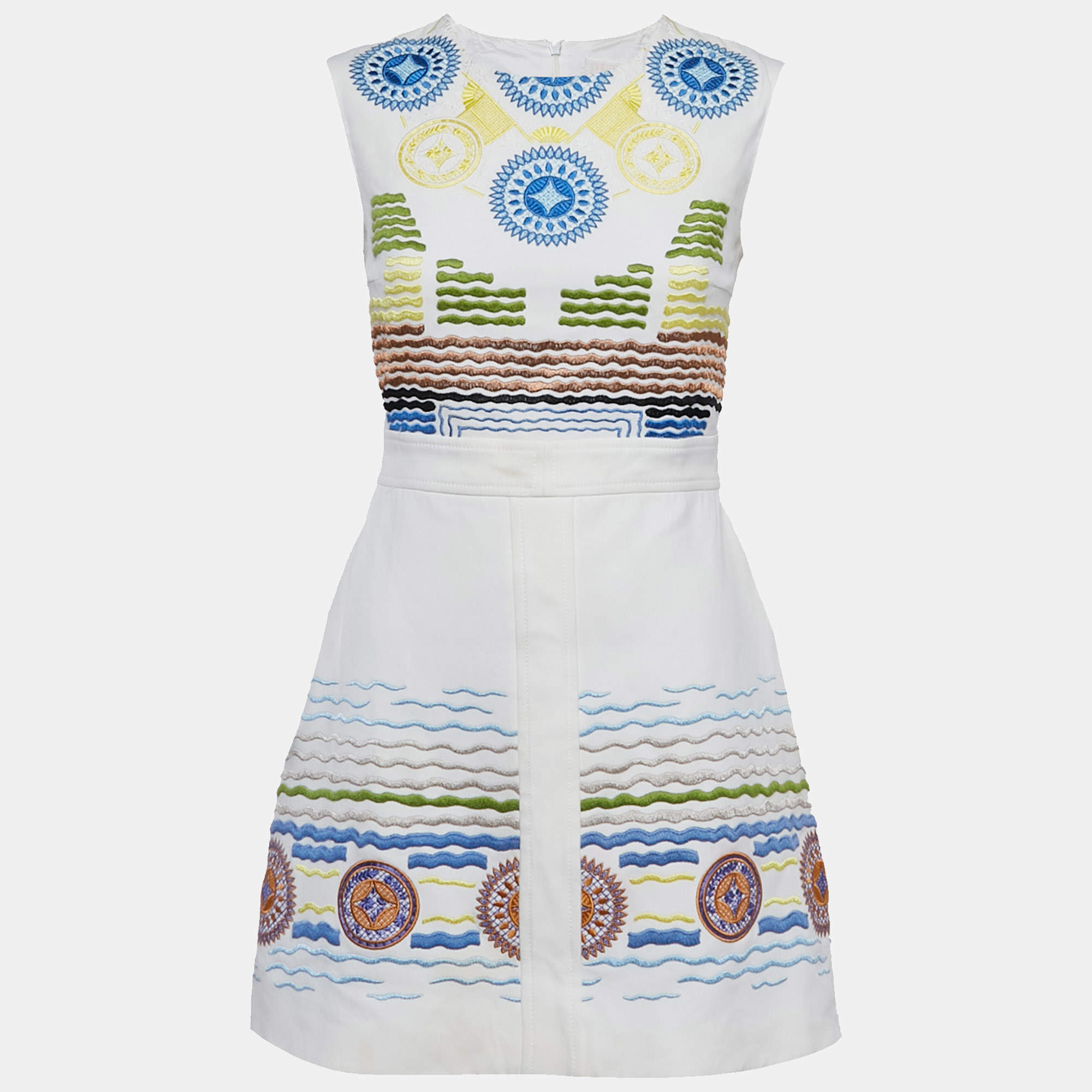 Pre Owned Peter Pilotto White Embroidered Crepe Sleeveless Dress M