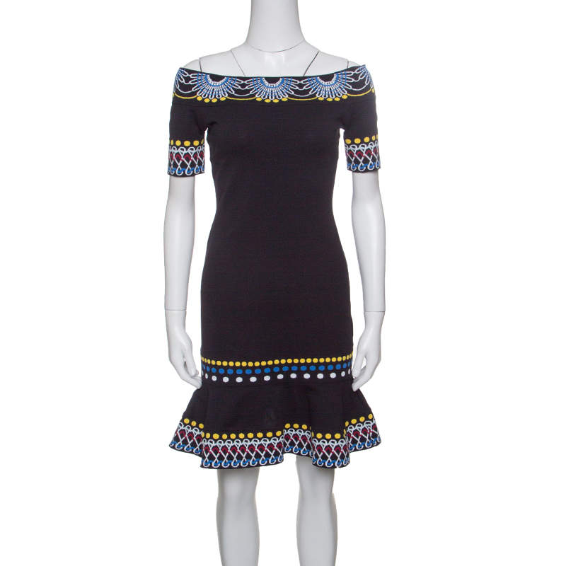 Peter Pilotto Black Jacquard Day Knit Off Shoulder Peplum Dress S