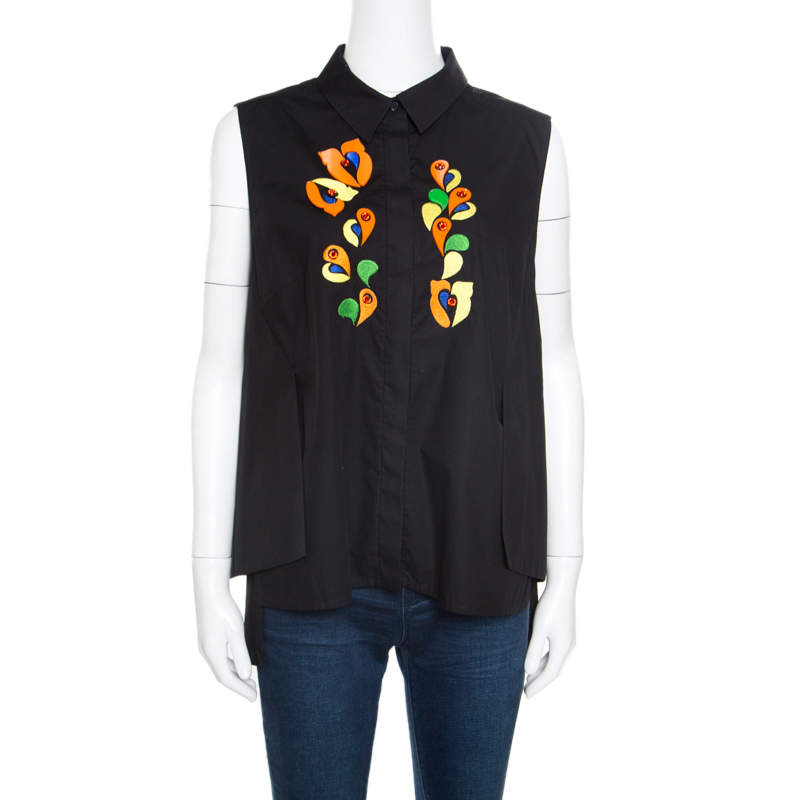 Pre Owned Peter Pilotto Black Embroidered Embellished Cotton Sleeveless Blouse L 