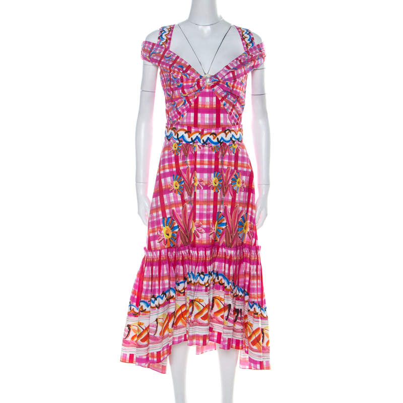 Pre Owned Peter Pilotto Pink Printed Cotton Poplin Cold Shoulder Ruffled Hem Dress S