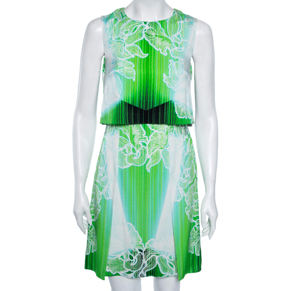 Pre Owned Peter Pilotto Green Orchid Printed Stretch Silk Overlay Detailed Dress S