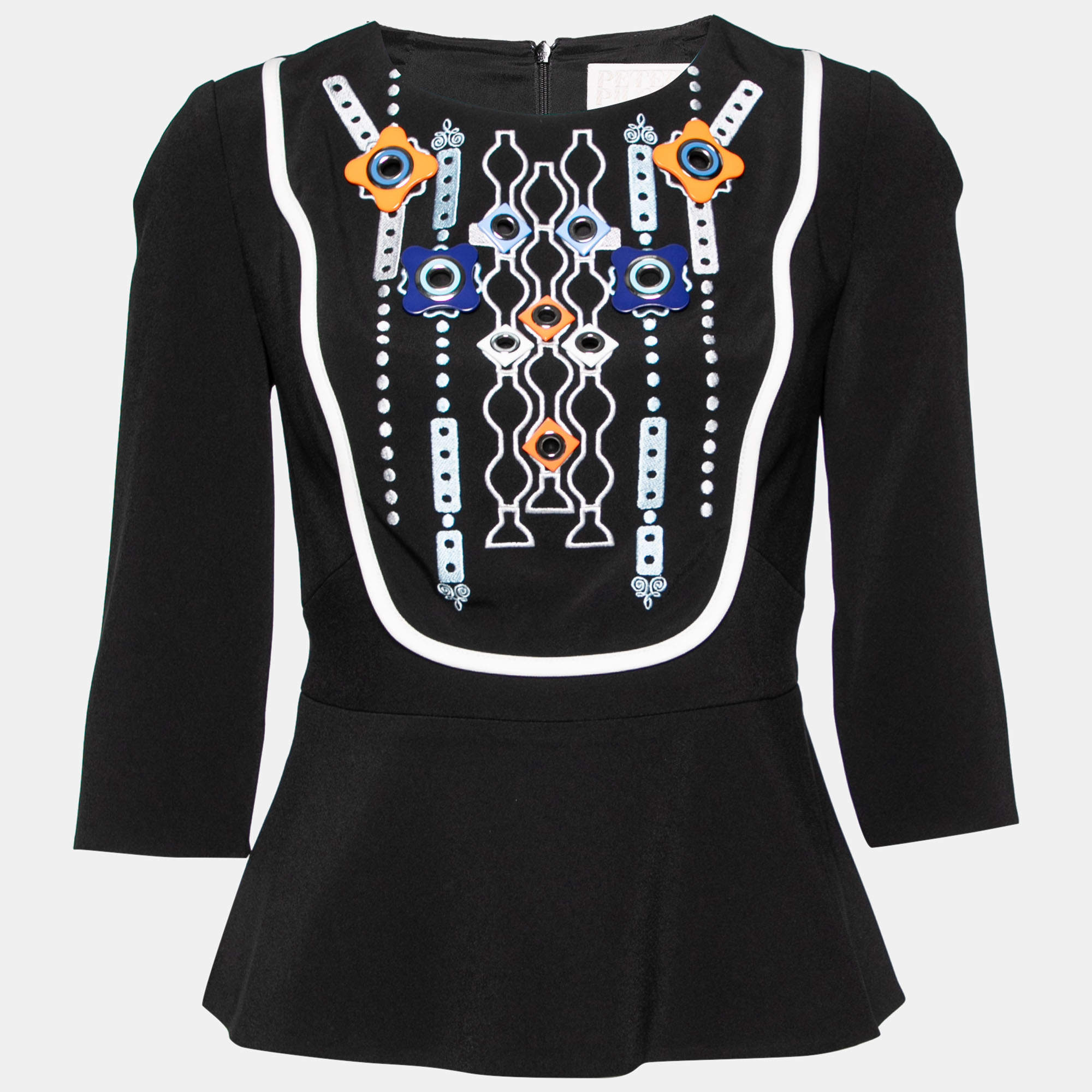 Peter Pilotto Black Crepe Embellished and Eyelet Appliques Flared Hem Top M