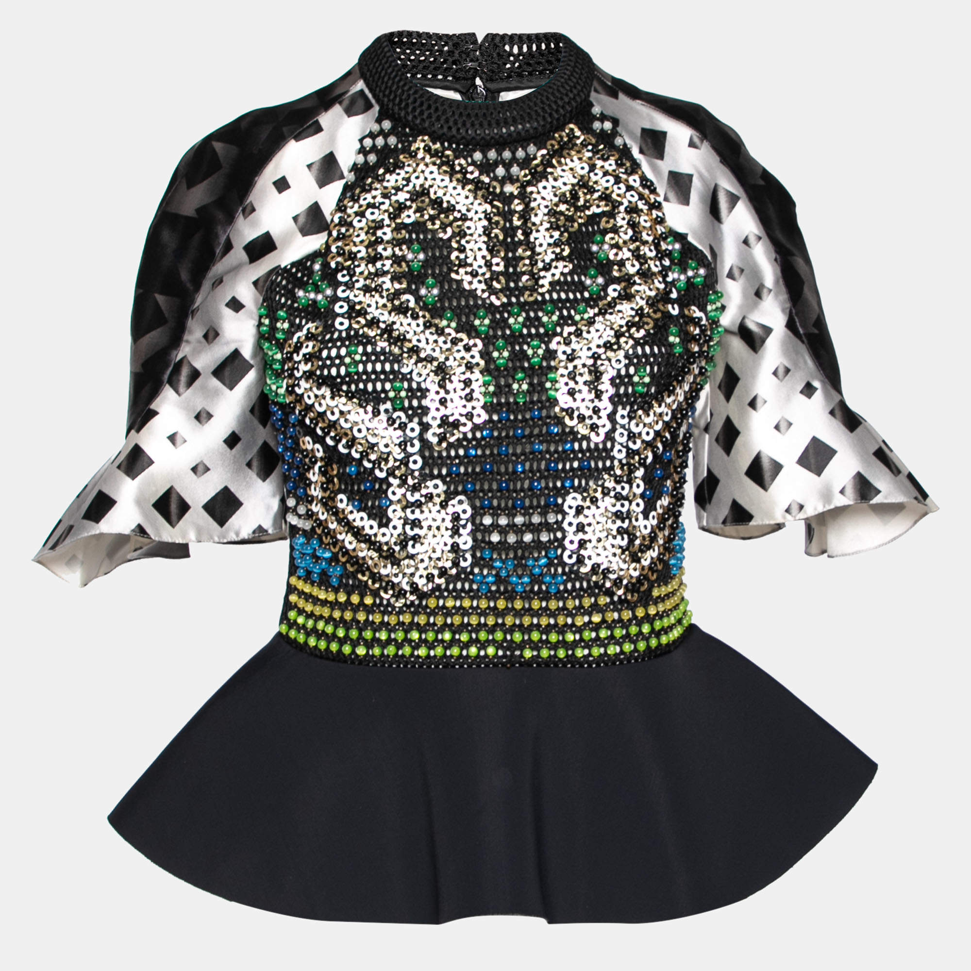 Peter Pilotto Black Cotton Check Print Ruffled Sleeves Peplum Top M