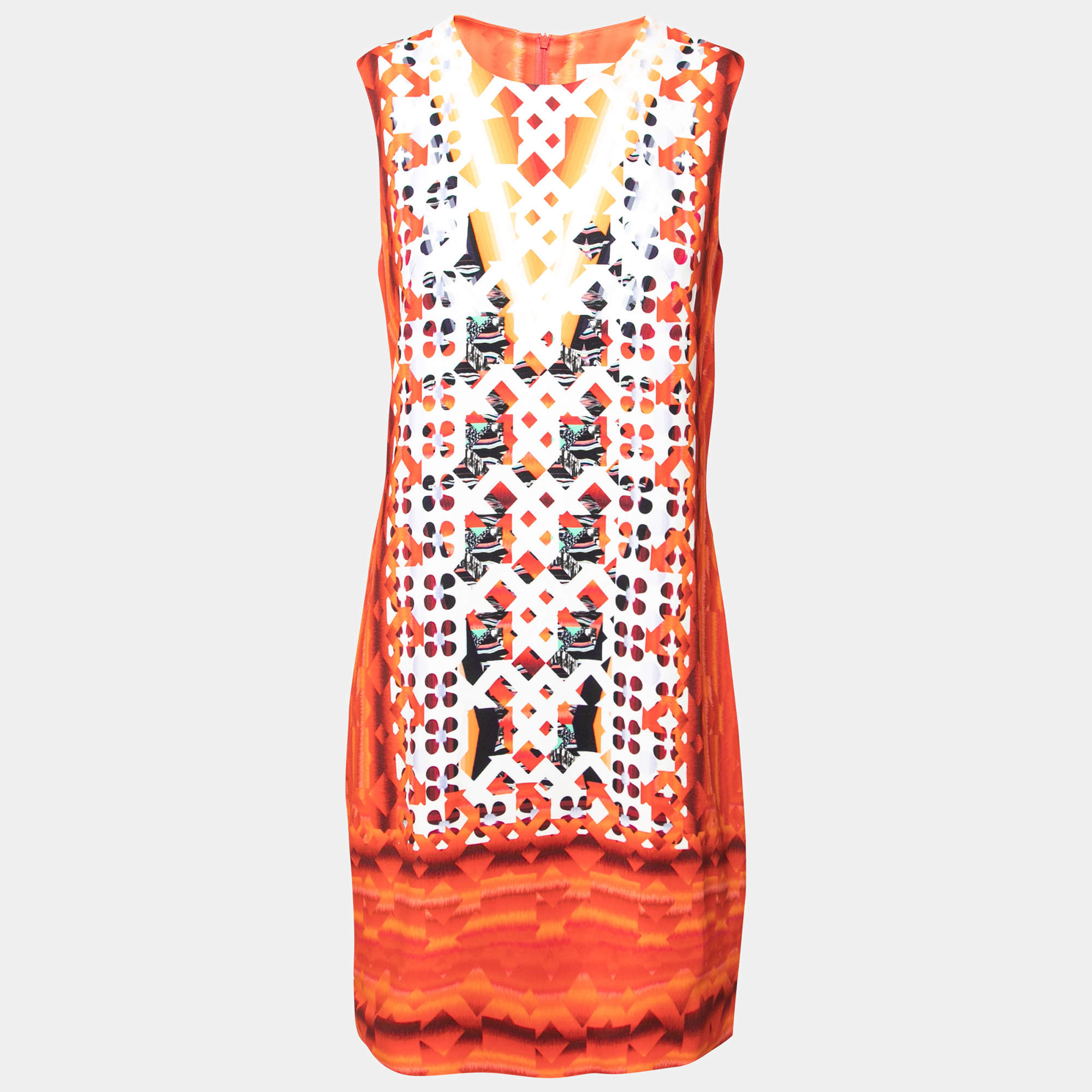Pre Owned Peter Pilotto Orange Digital Print Crepe Sleeveless Shift Dress M