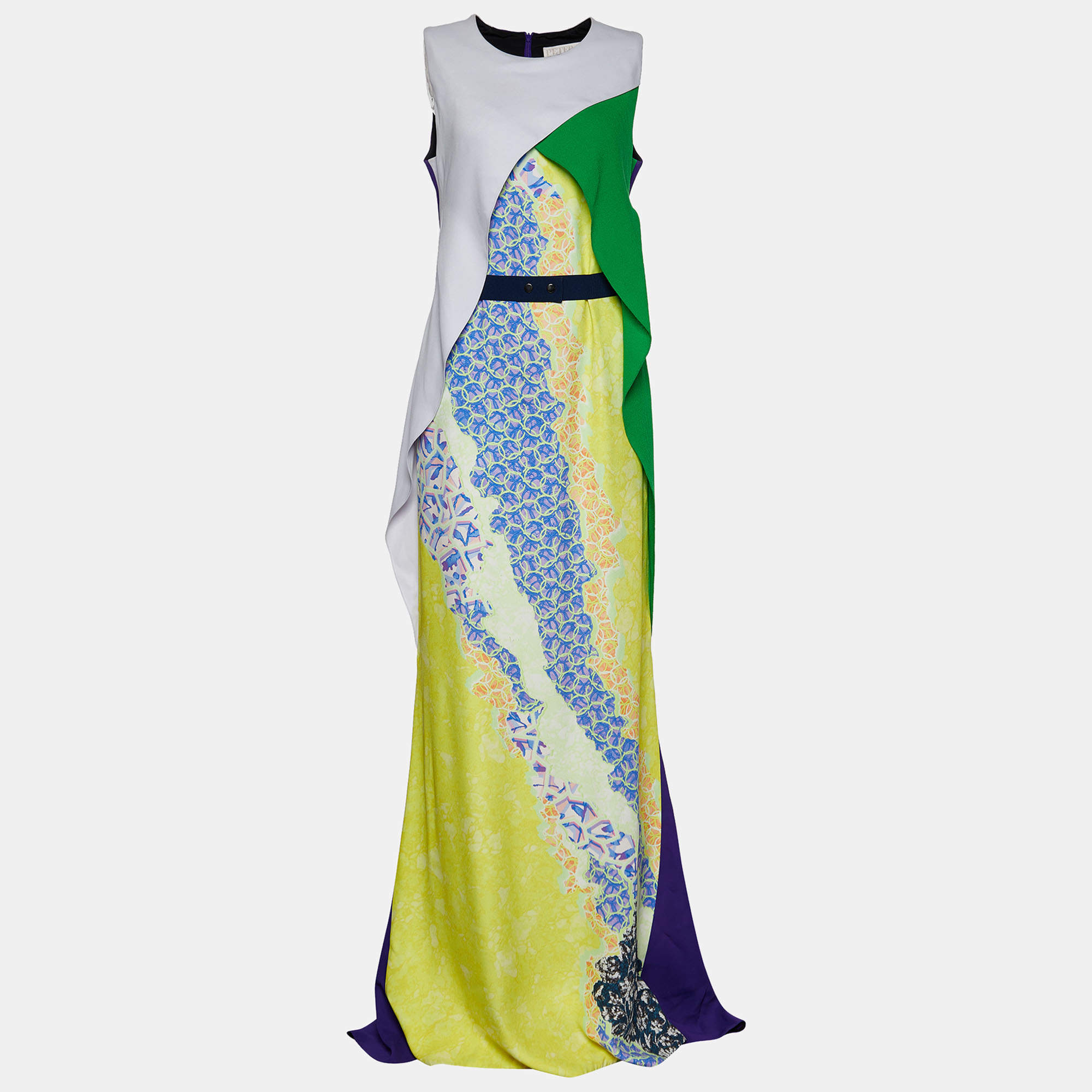 Pre Owned Peter Pilotto Multicolour Printed Crepe Paneled Long Dress M