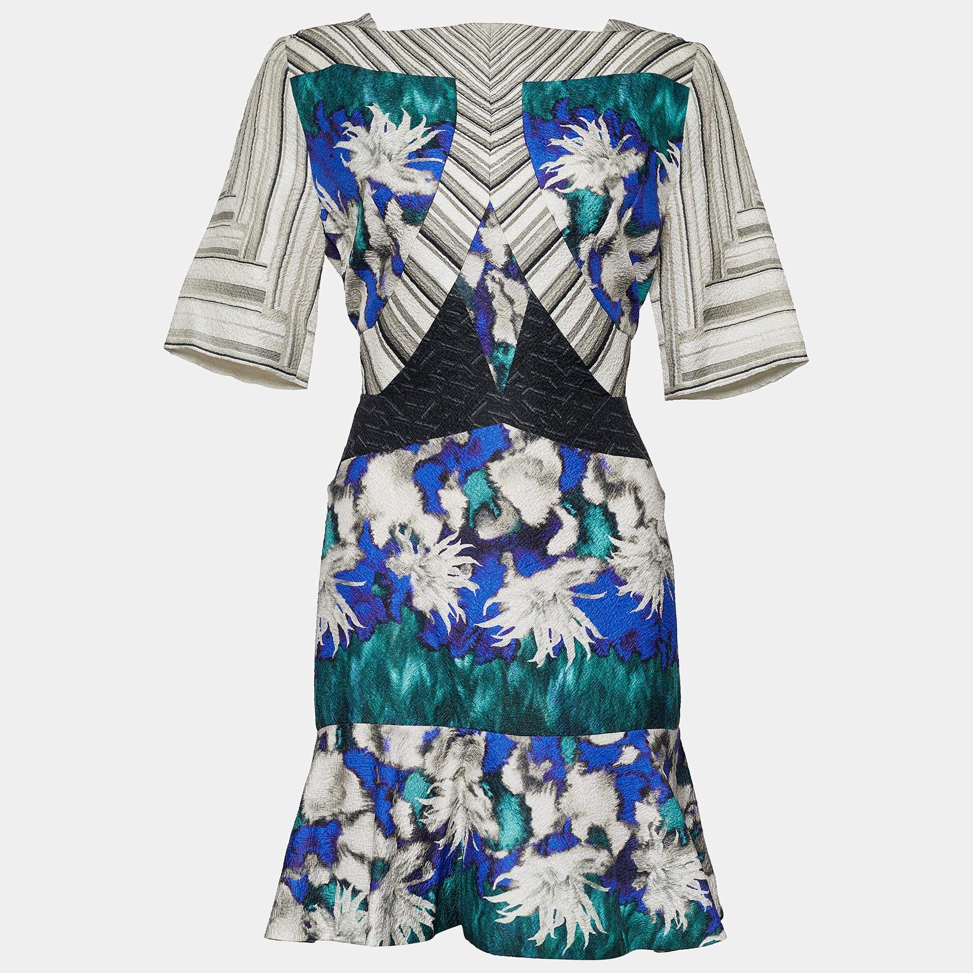 Pre Owned Peter Pilotto Multicolor Striped & Printed Silk Paneled Dress M