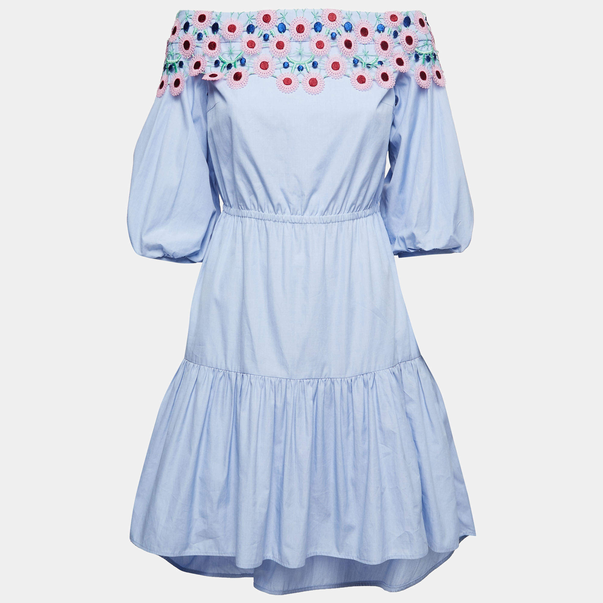 Pre Owned Peter Pilotto Blue Cotton Lace Overlay Off-Shoulder Mini Dress S