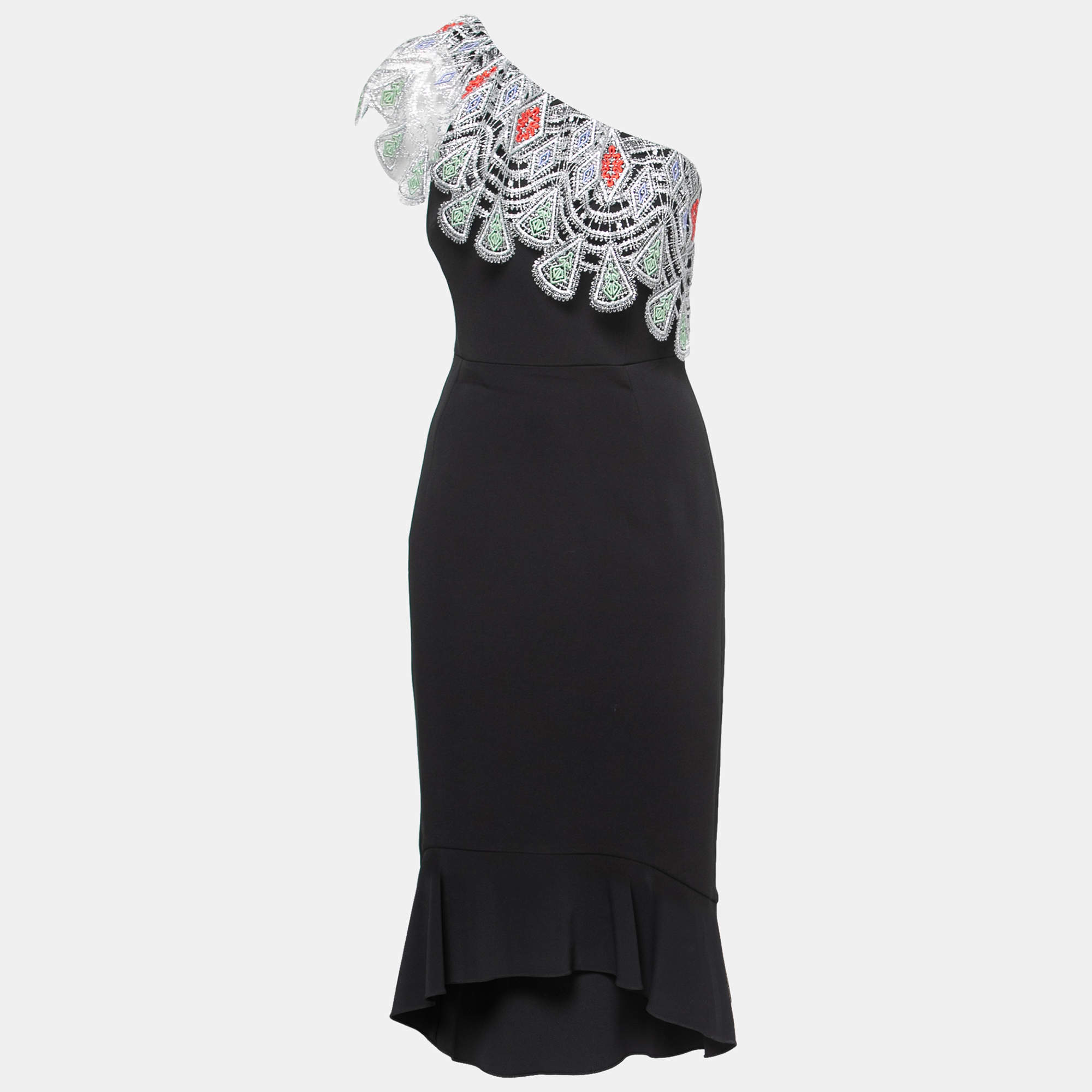 Peter Pilotto Black Crepe Lace Overlay One Shoulder Midi Dress M