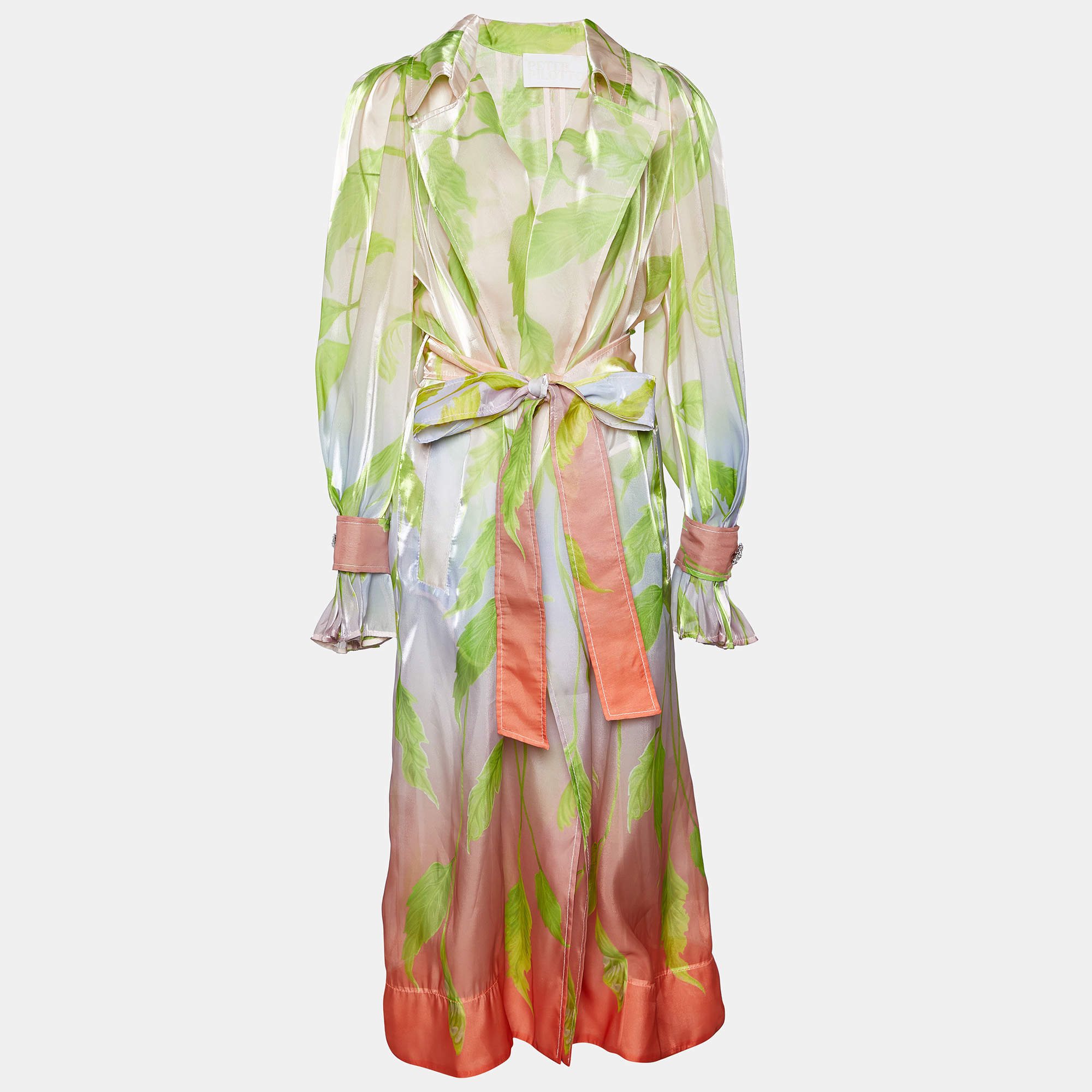 Peter Pilotto Multicolor Printed Organza Belted Open Front Coat S