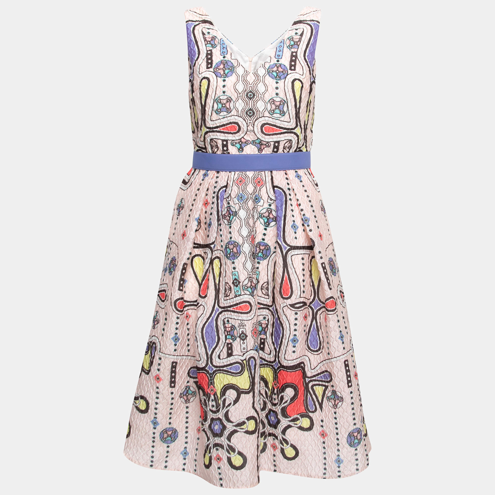 Peter Pilotto Light Pink Printed 3D Waffle Textured Nylon Blend Belted Circle Dress M