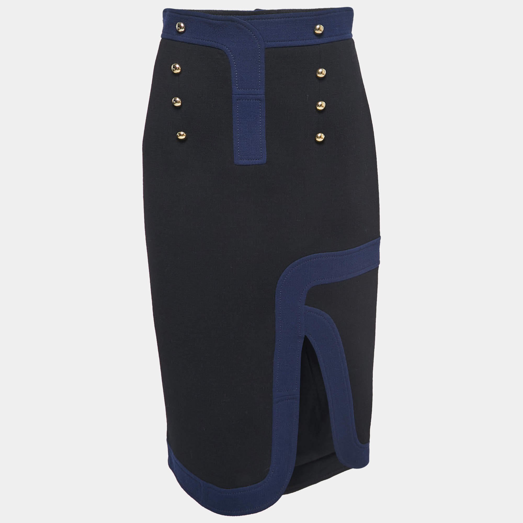Pre Owned Peter Pilotto Black/Navy Blue Wool Button Detail Slit Midi Skirt M