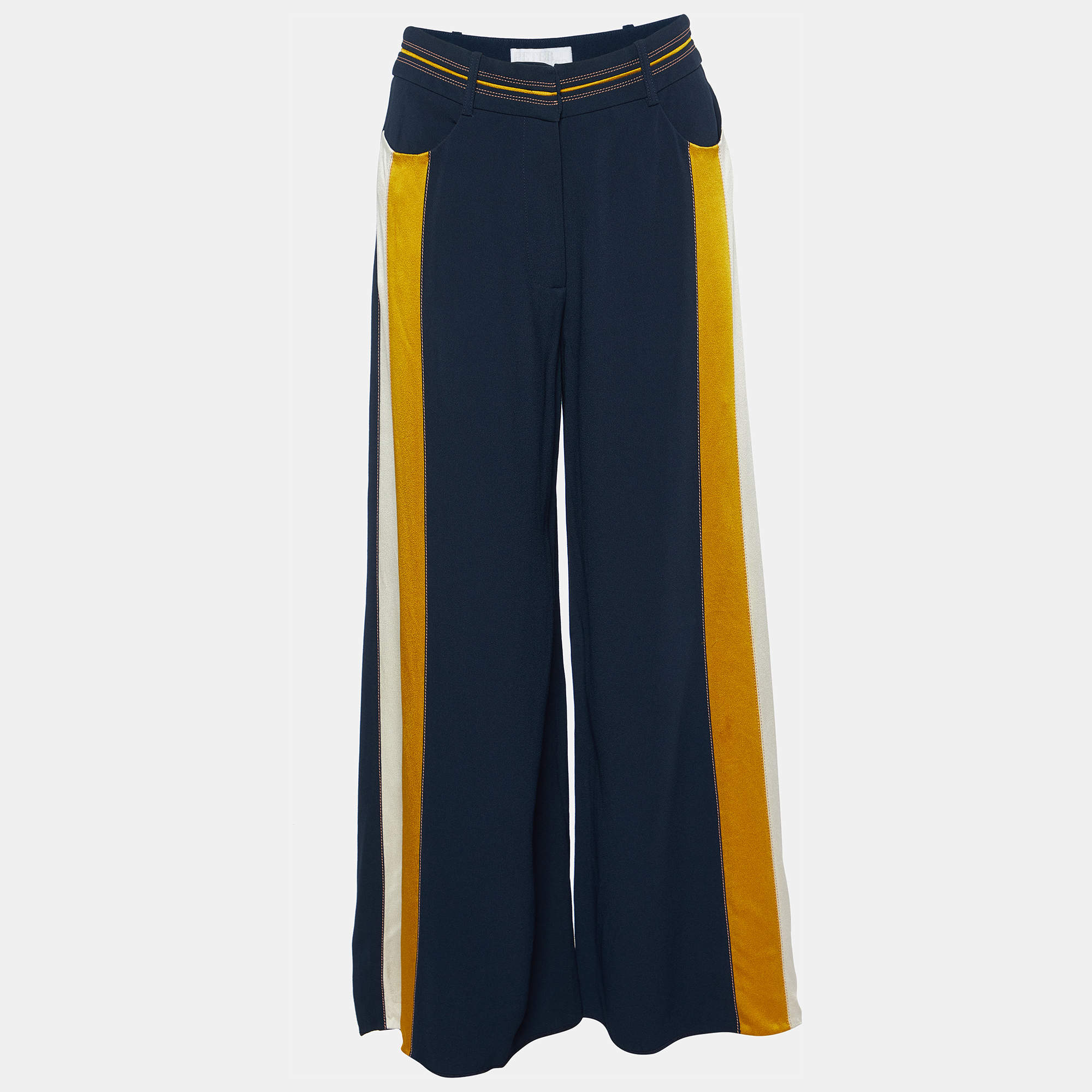 Pre Owned Peter Pilotto Navy Blue Crepe Stripe Detail Trousers S