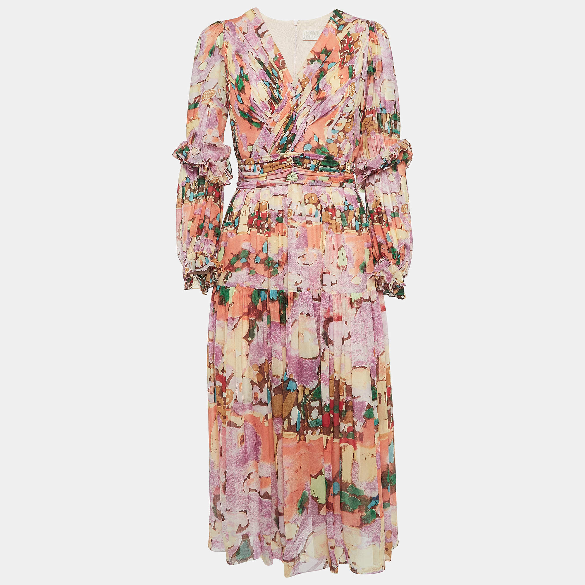 Peter Pilotto Pink Printed Silk Ruffle Tiered Midi Dress S