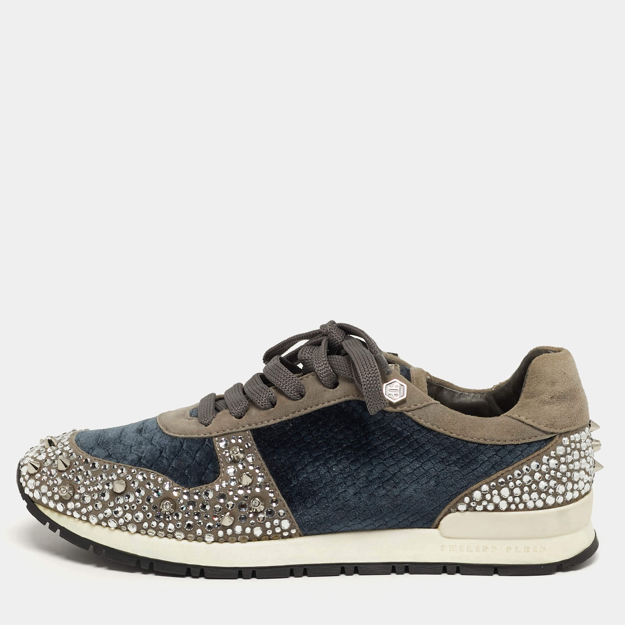 Pre Owned حذاء رياضي فيليب بلين رمادي شامواه ومخمل مرصع بالكريستال مزين برباط مقاس 37