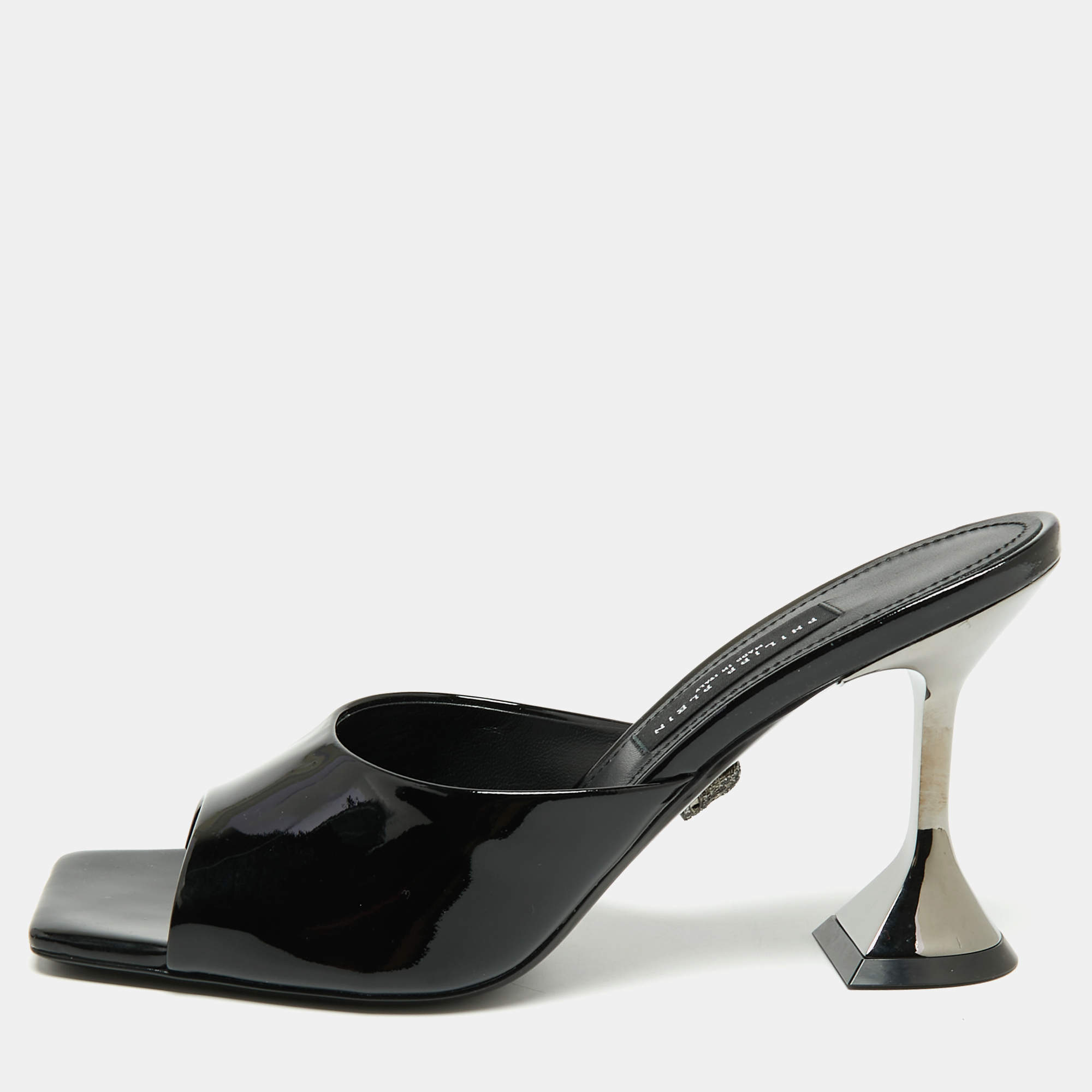 Pre Owned Philipp Plein Black Patent Leather Square Toe Slide Sandals Size 39