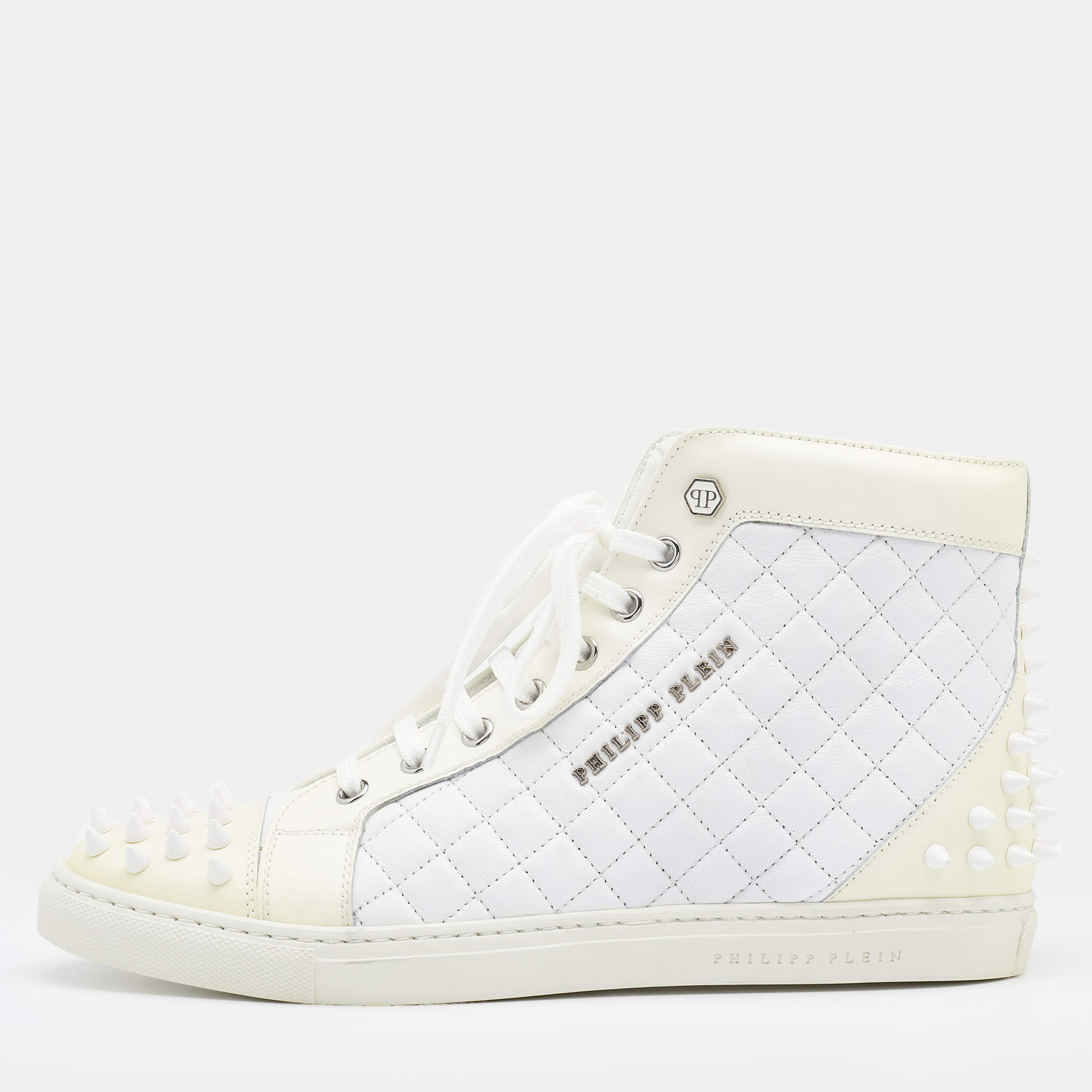 Pre Owned Philipp Plein White/Cream Quilted Leather Sugar Spiked High Top Sneakers Size 38.5