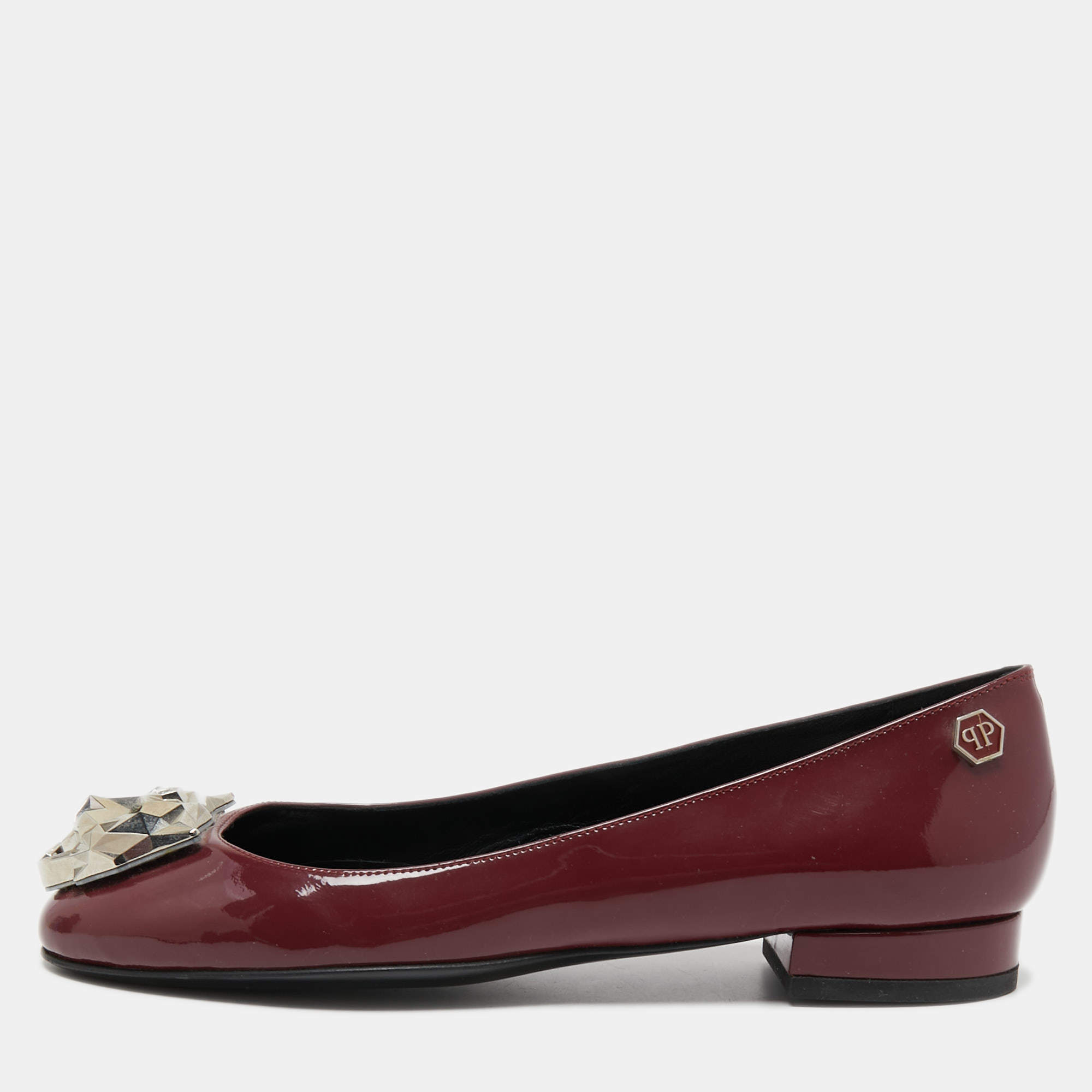 Philipp Plein Burgundy Patent Leather Embellished Ballet Flats Size 36