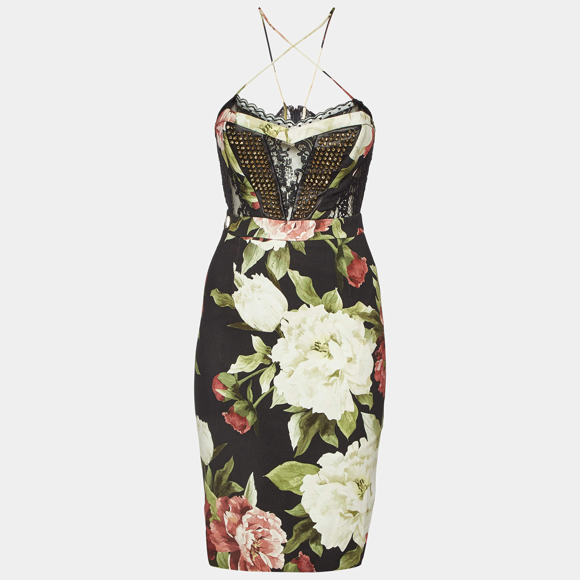 Phillip Plein Black Floral Print Crepe Studded Midi Dress XS