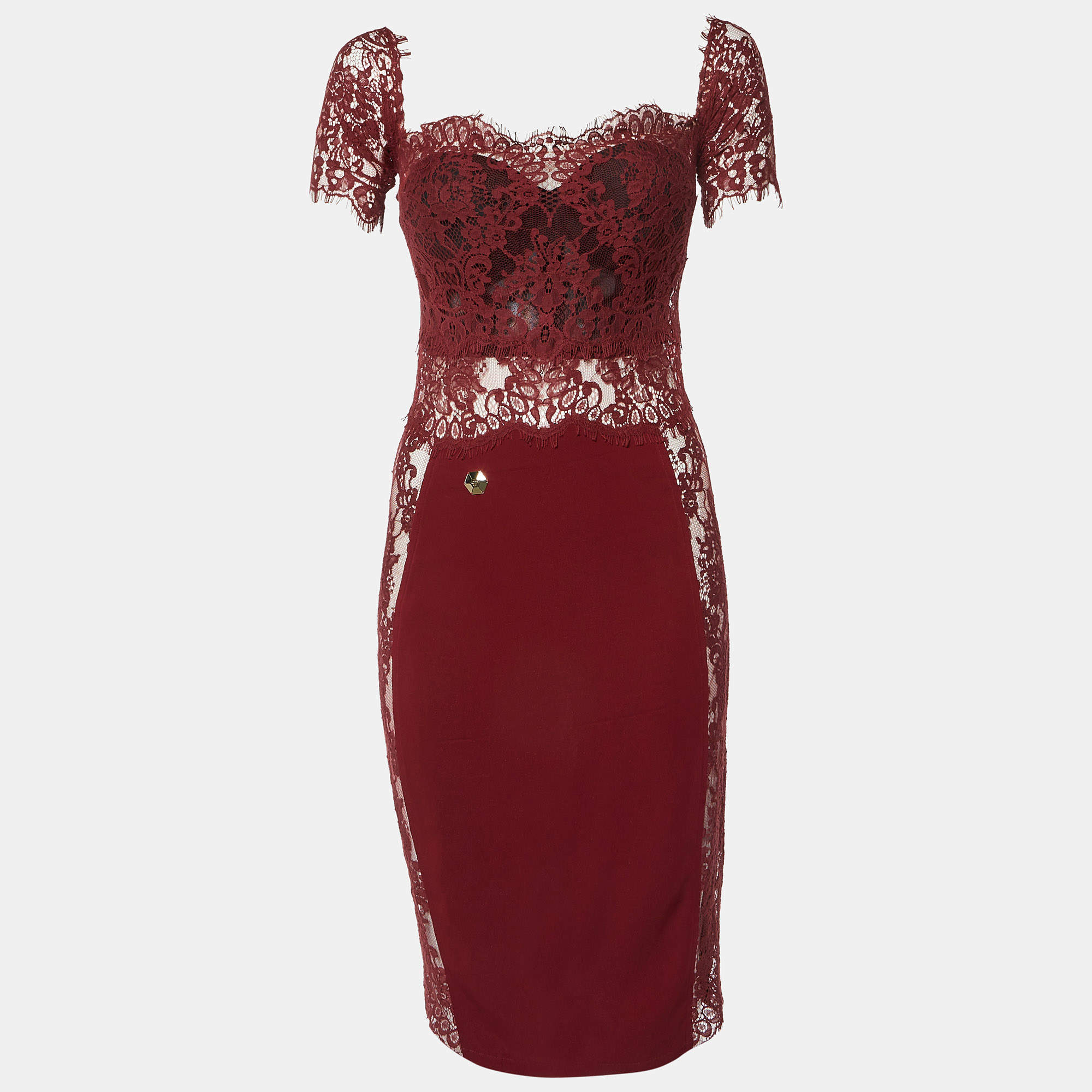 Philipp Plein Deep Red Lace Off Shoulder Midi Dress M