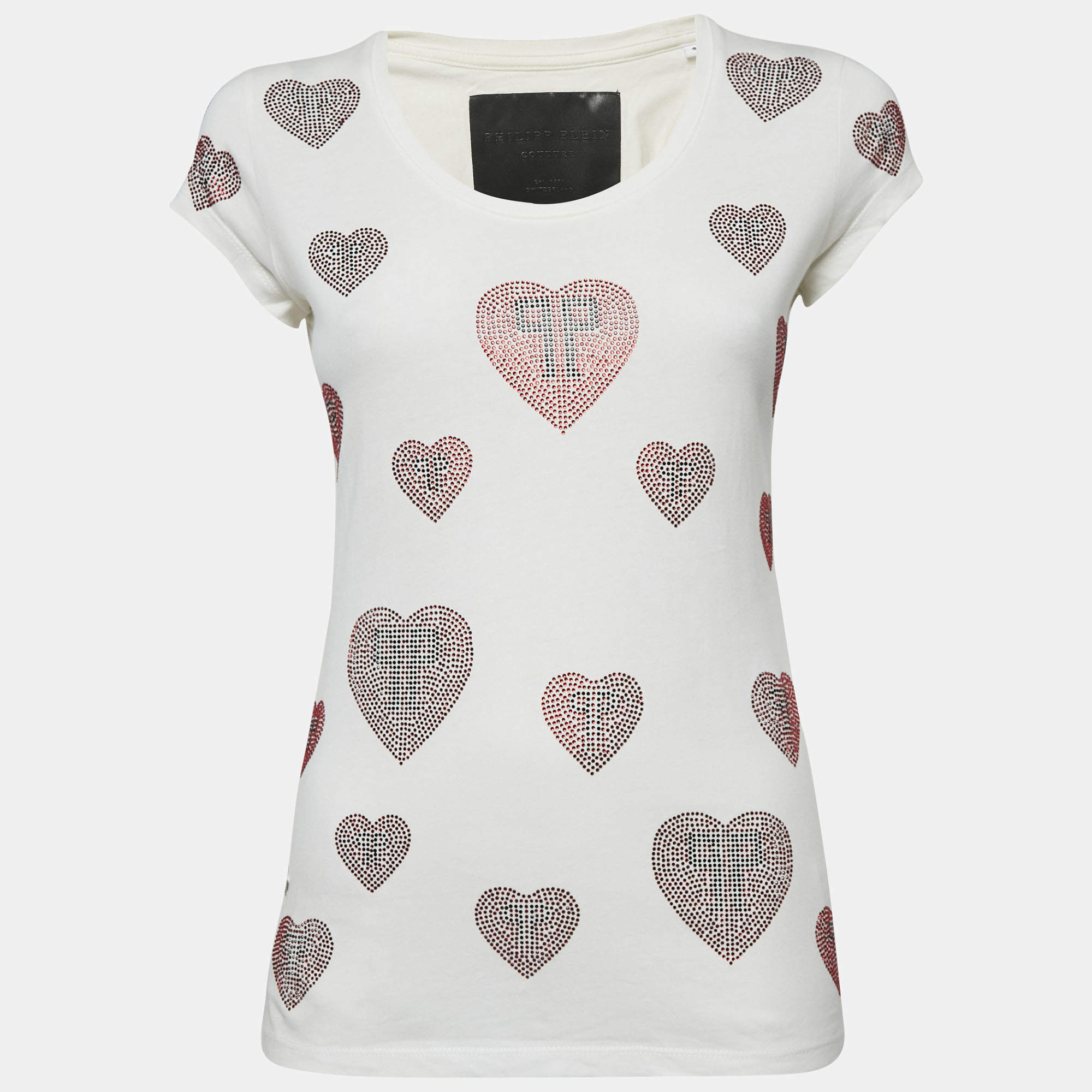 Pre Owned Philipp Plein Couture White Heart Embellished Cotton T-Shirt S