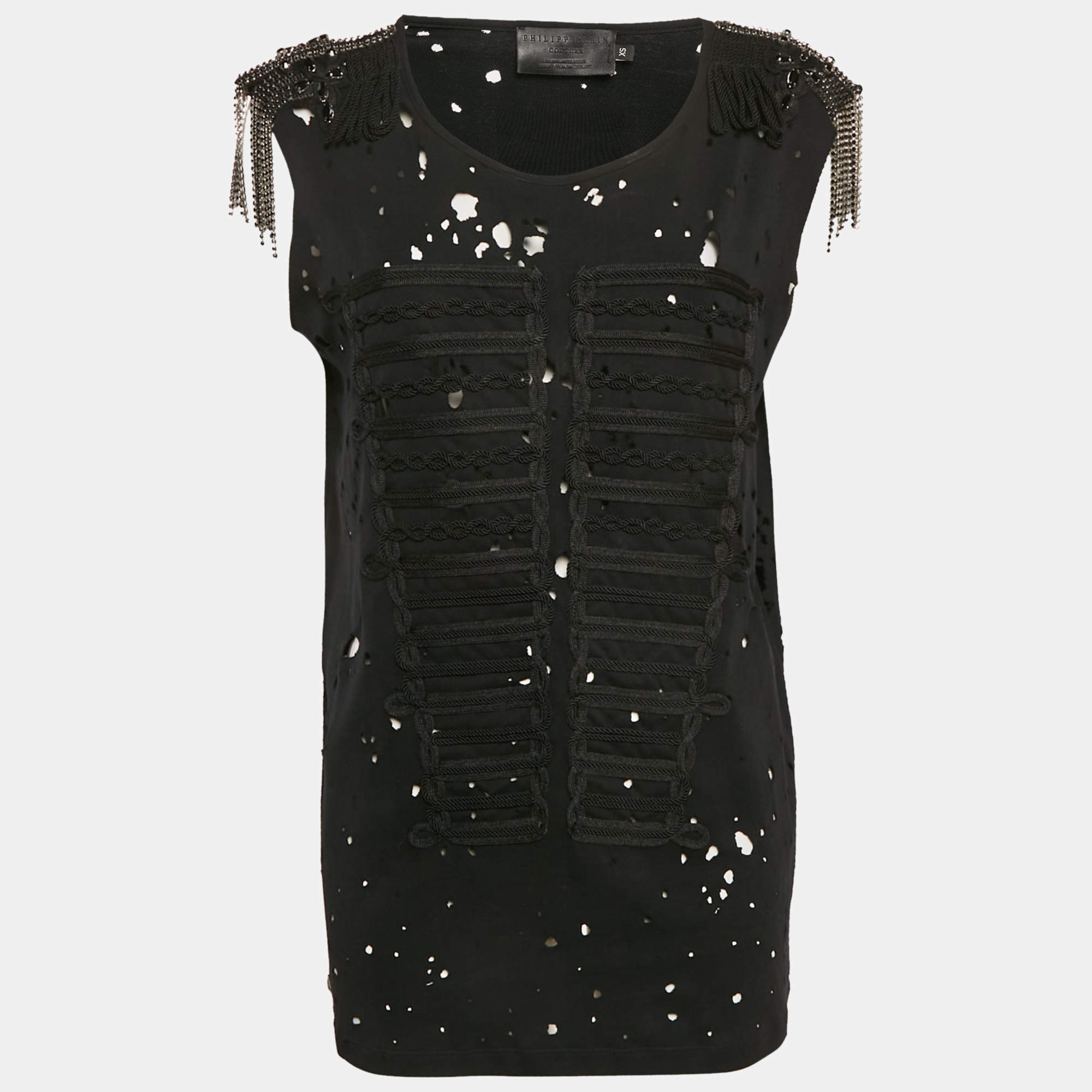 Philipp Plein Couture Black Shoulders Embellished Distressed Top XS