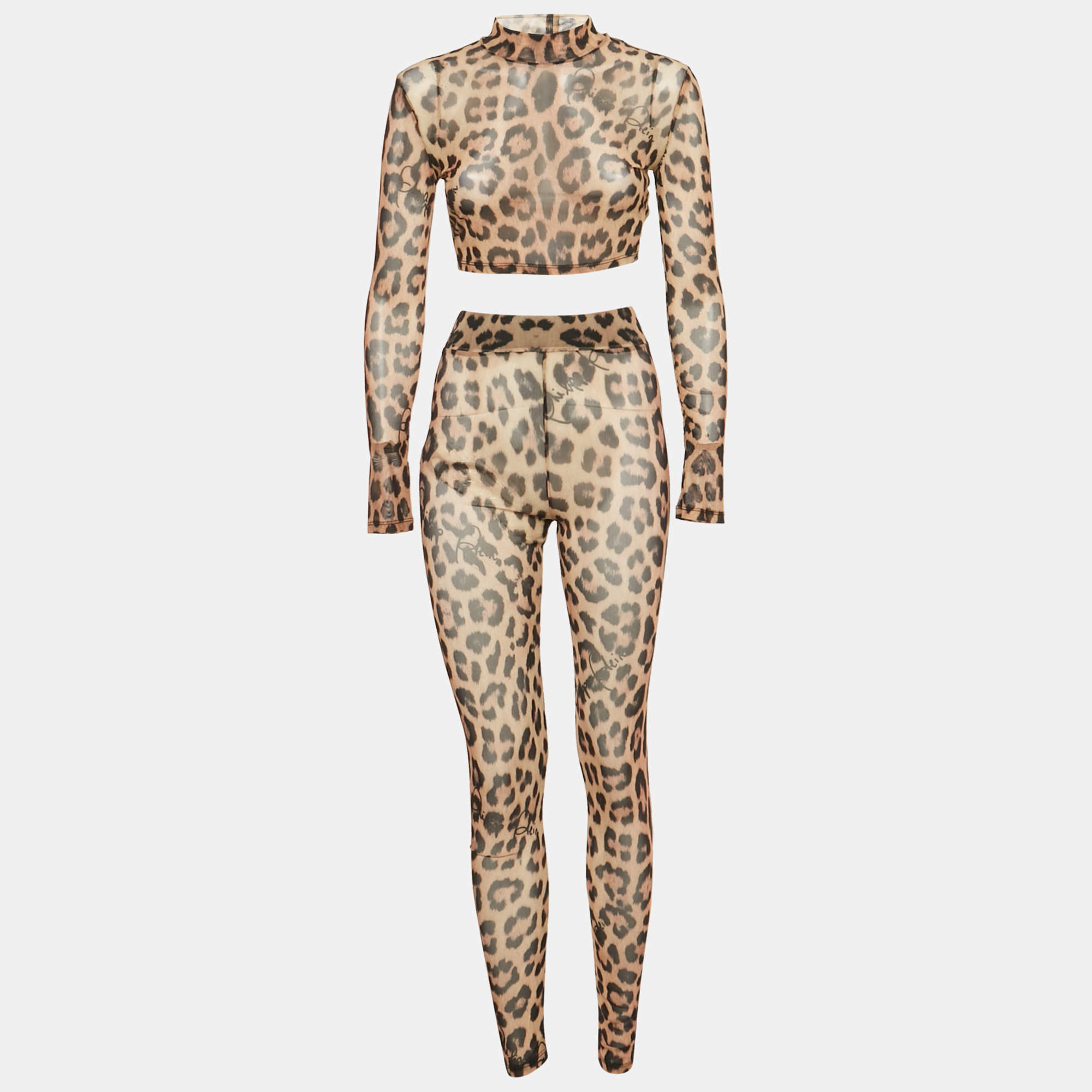 Pre Owned Philipp Plein Leopard Print Stretch Mesh Semi Sheer Top and Leggings Set S