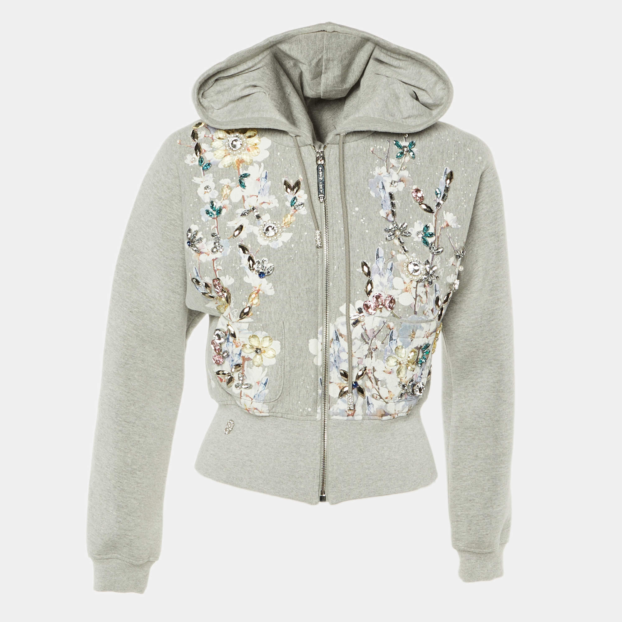 Pre Owned Philipp Plein Grey Knit Crystal Embellished Zip Up Jacket S