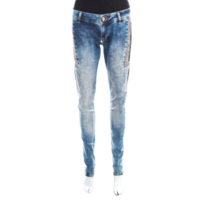 Philipp Plein Indigo Crystal and Lace Detail Distressed Strawberry Cheesecake Slim Fit Jeans M