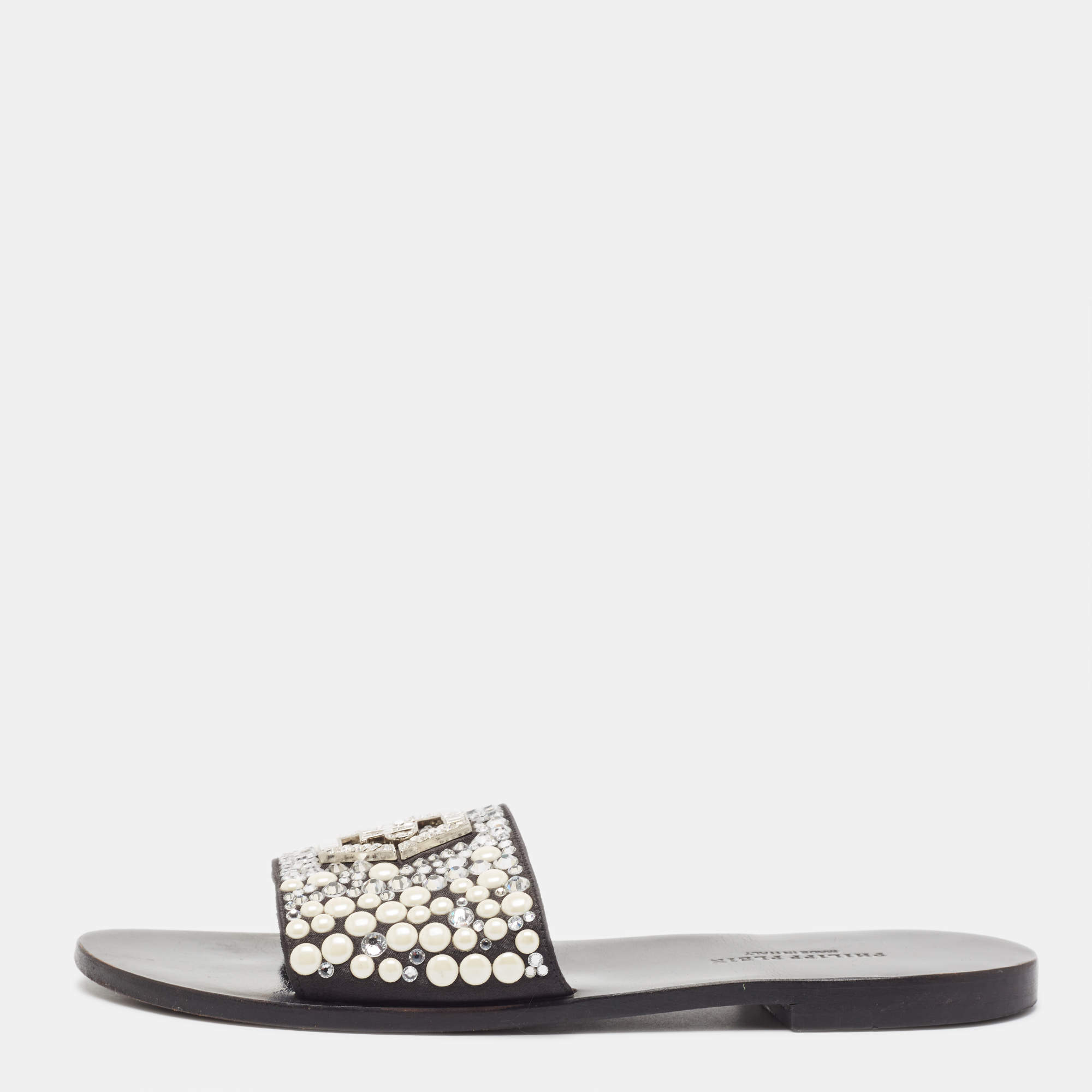 Philipp Plein Black Satin Embellished Flat Slides Size 39