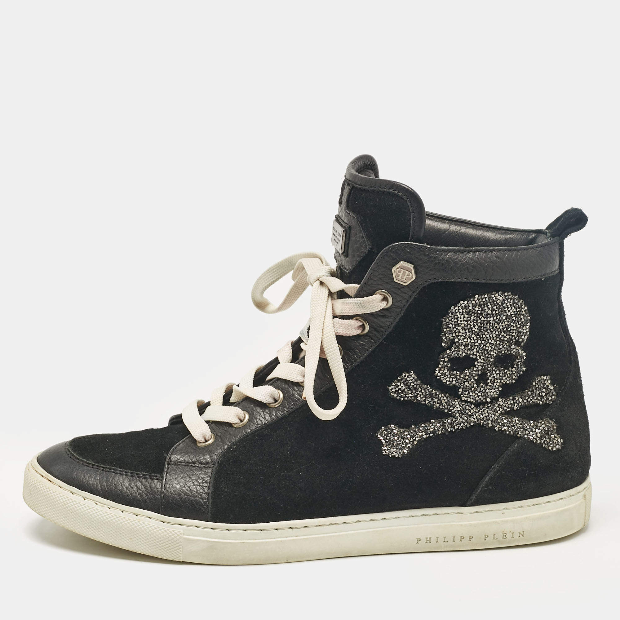 Philipp Plein Black Leather Suede Skull High Top Sneakers Size 40