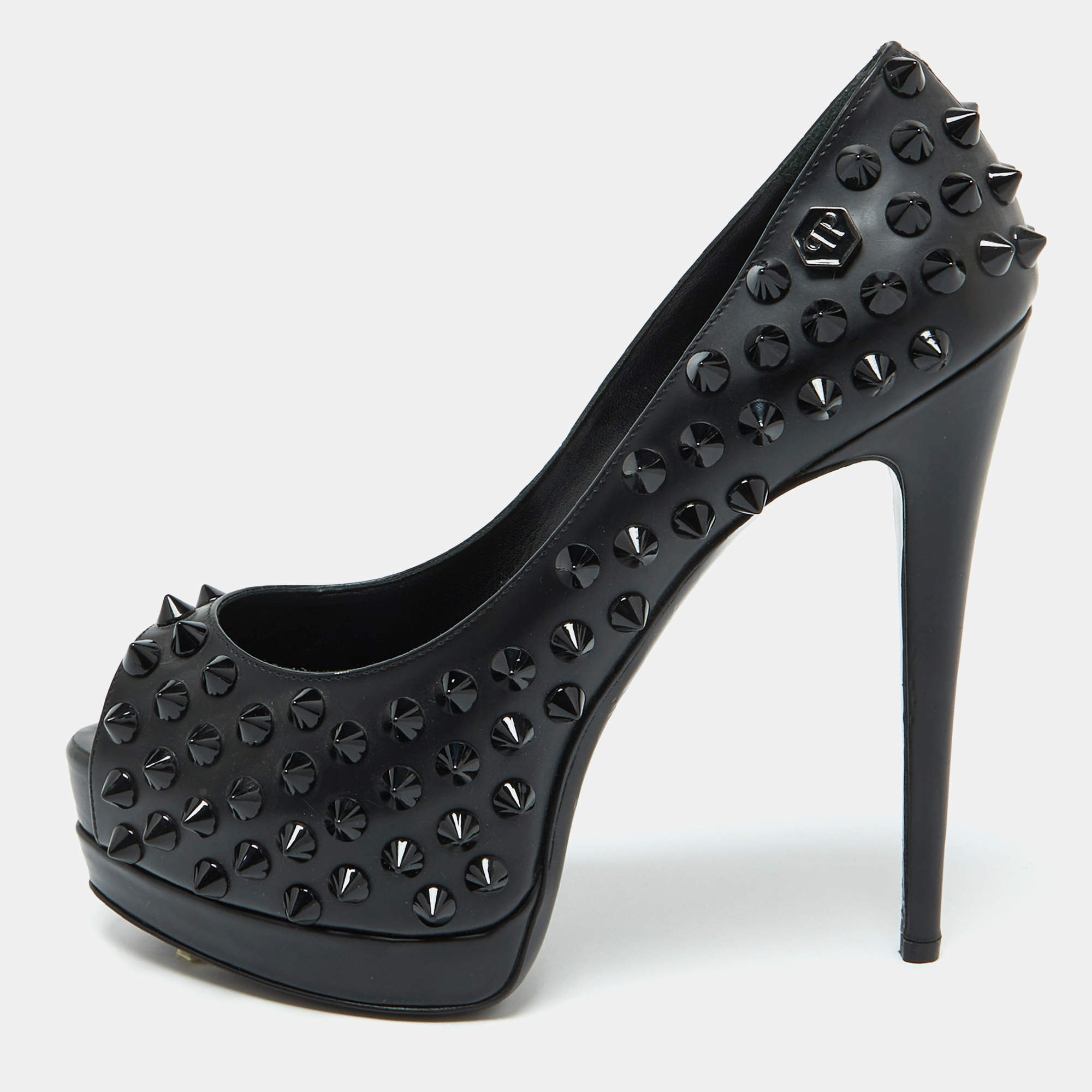 Philipp Plein Black Leather Studded Peep Toe Platform Pumps Size 38