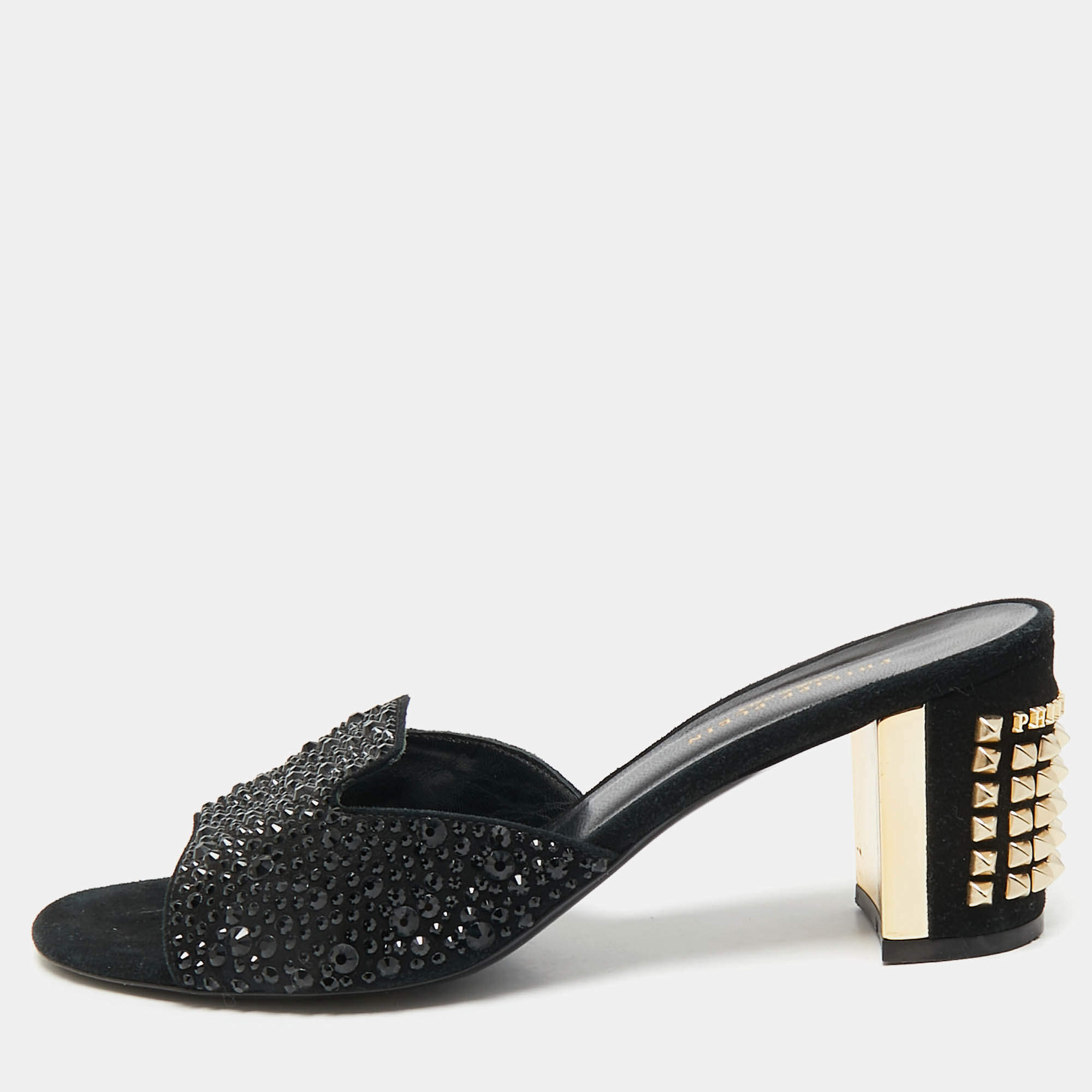 Philipp Plein Black Suede Crystal Slide Sandals Size 38