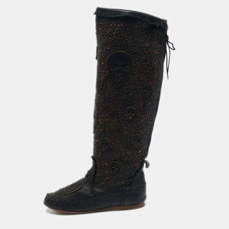 Philipp Plein Black Leather Lasercut Skull Mid Calf Boots Size 37