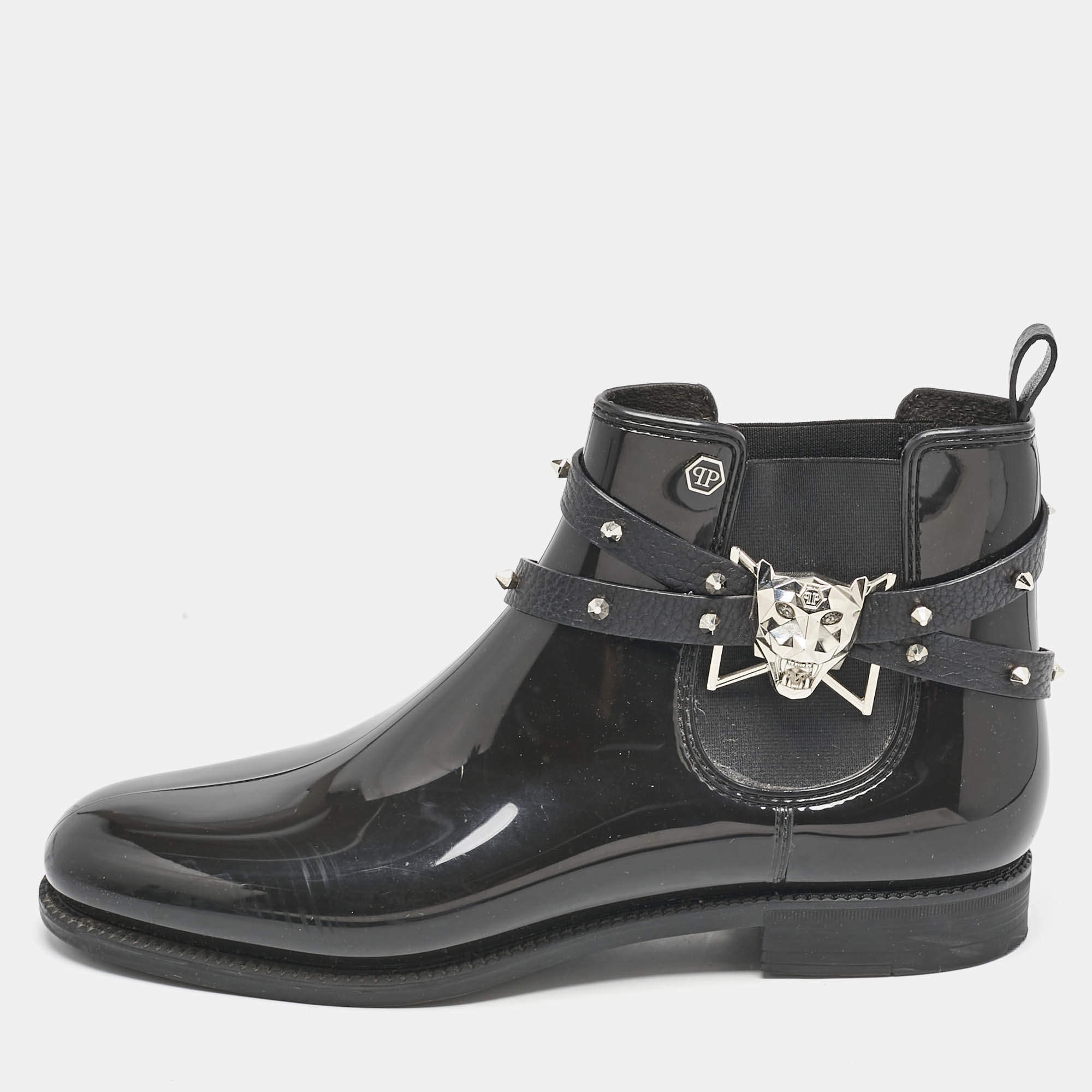 Pre Owned Philipp Plein Black Rubber Marguerite Ankle Boots Size 40